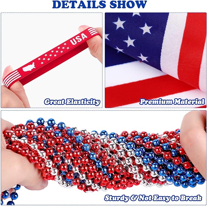 144pc Patriotic Party Favor Set - 4th of July Beads, USA Flags, Bracelets & Sunglasses