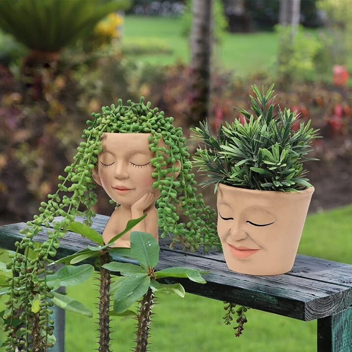 2pcs Cute Head Face Planters Pots Succulent Planter w/ Drainage Hole Home Decor