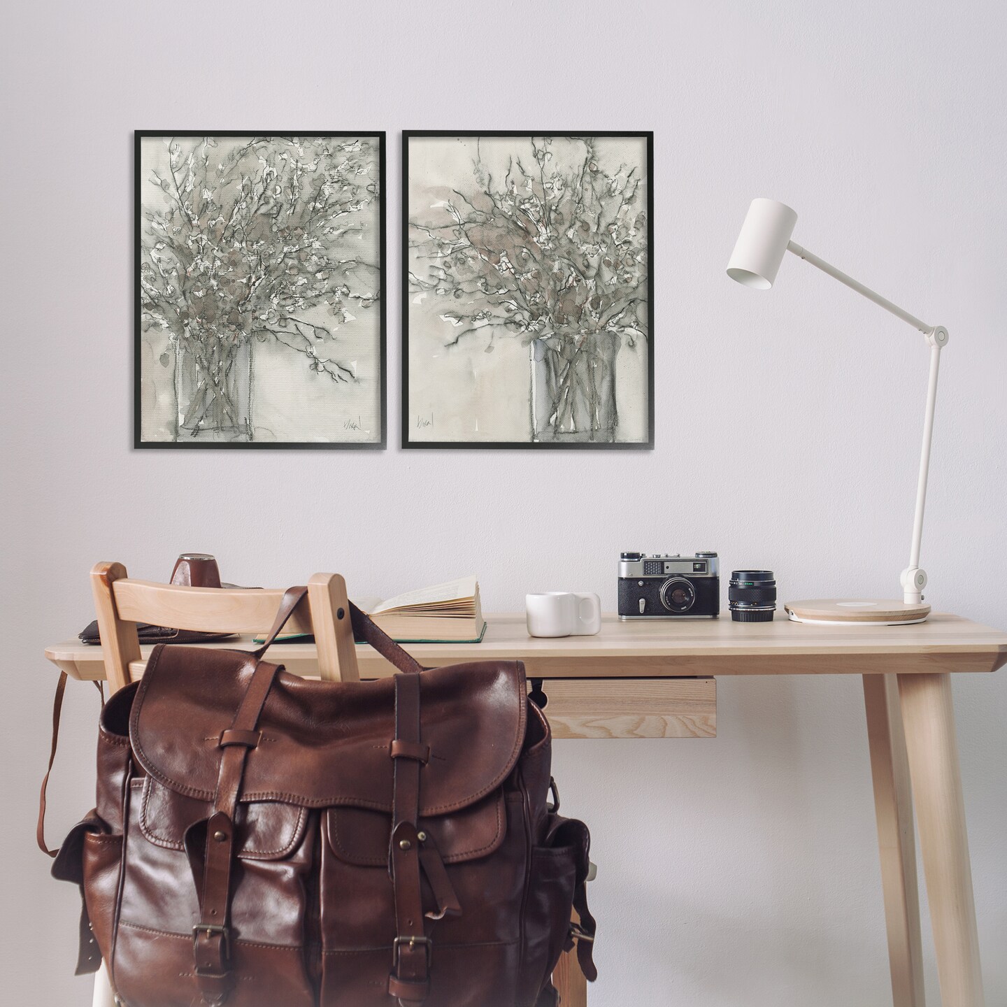 Stupell Industries Charcoal Sketched Vase 2pc Framed Giclee Wall Art Set Design by Samuel Dixon