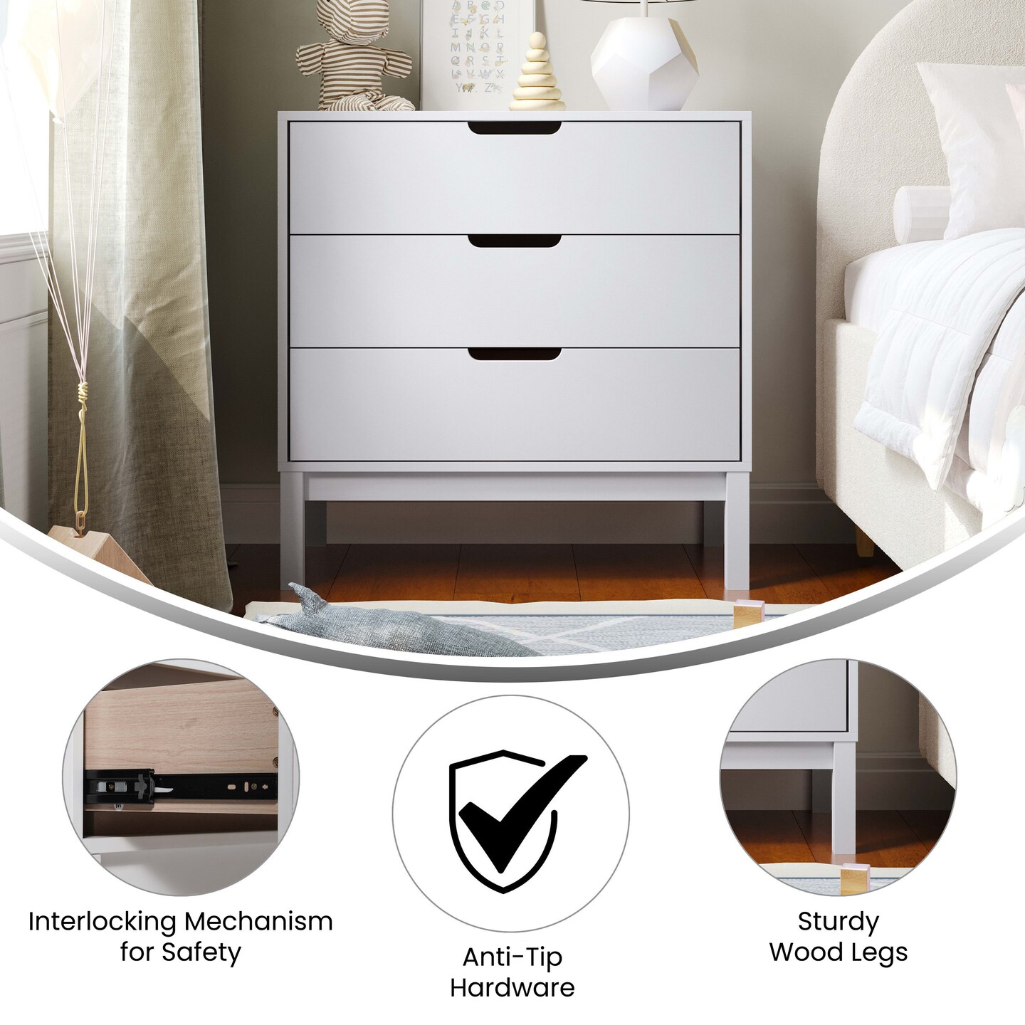Emma and Oliver Samuel Kids Triple-Drawer Dresser with Solid Wood Frame, Chest of Drawers for Kids Bedroom
