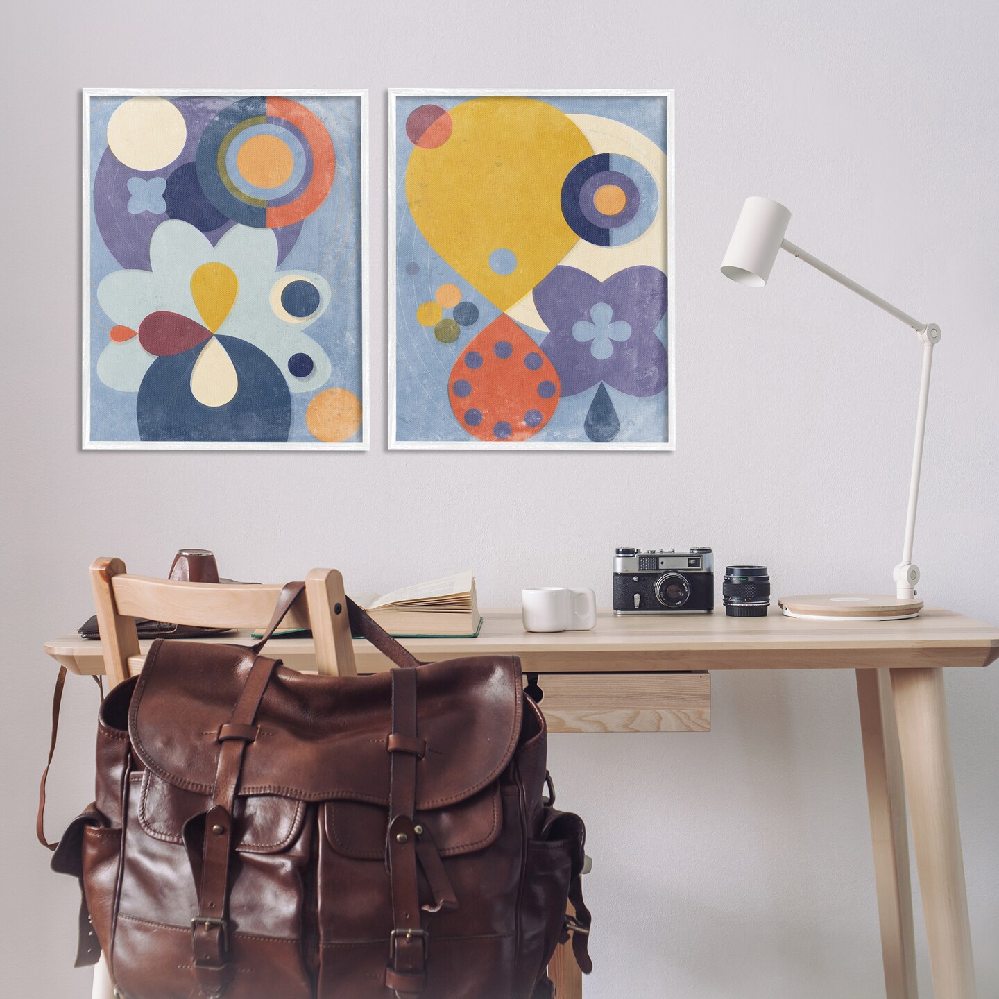 Stupell Industries Retro Shapes on Blue 2pc Framed Giclee Wall Art Set Design by Victoria Barnes