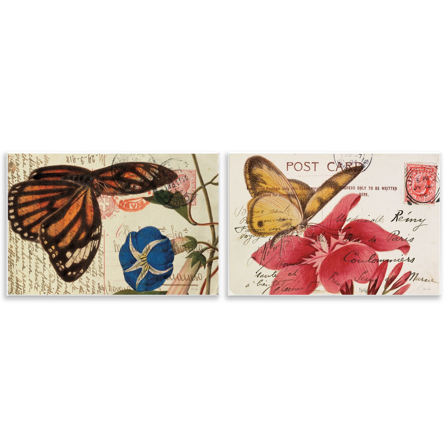 Stupell Industries Butterfly Accented Postcards 2pc Wall Plaque Art Set Design by Deborah Revell