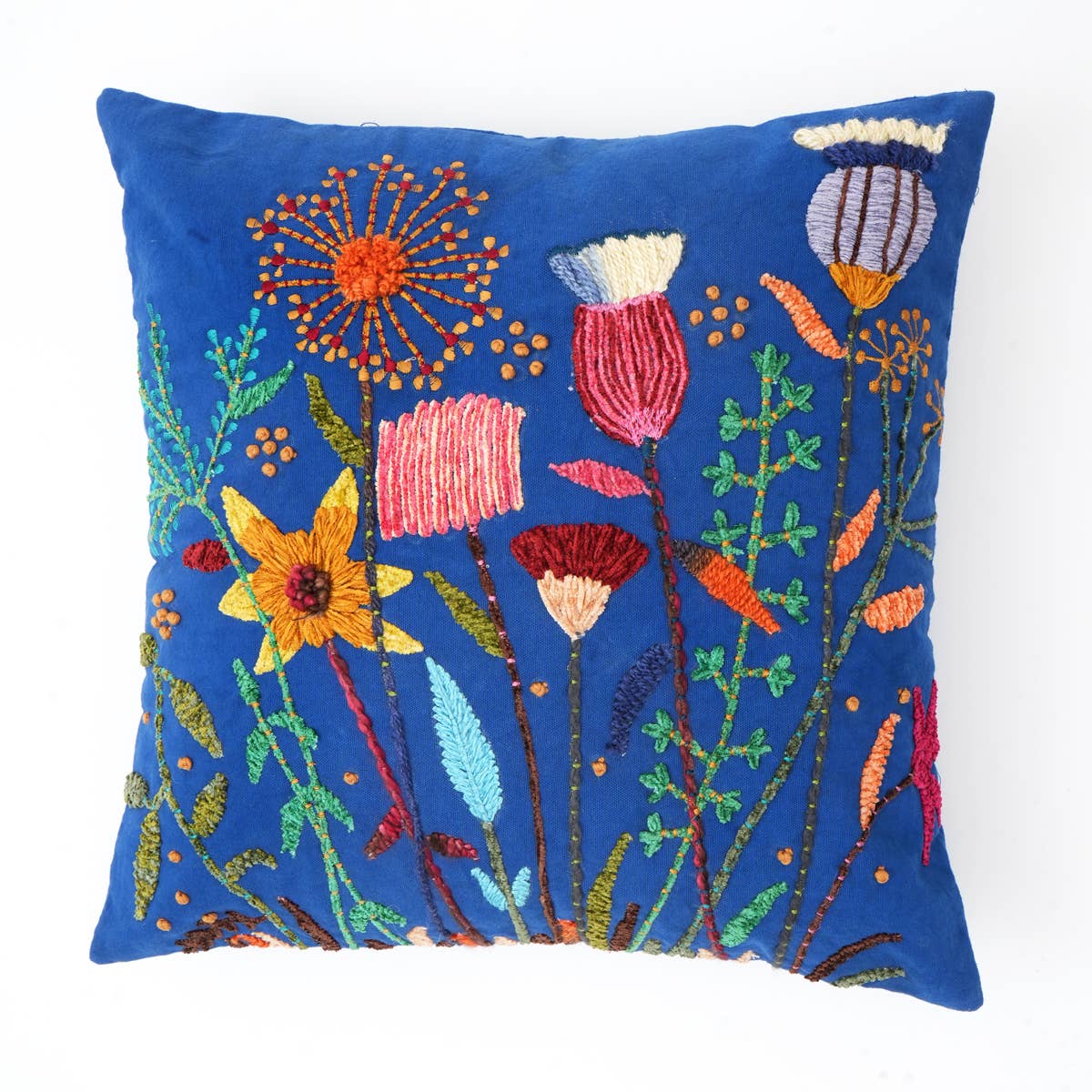 Handcrafted Floral Embroidered Throw Pillow with Filler – Ink Blue