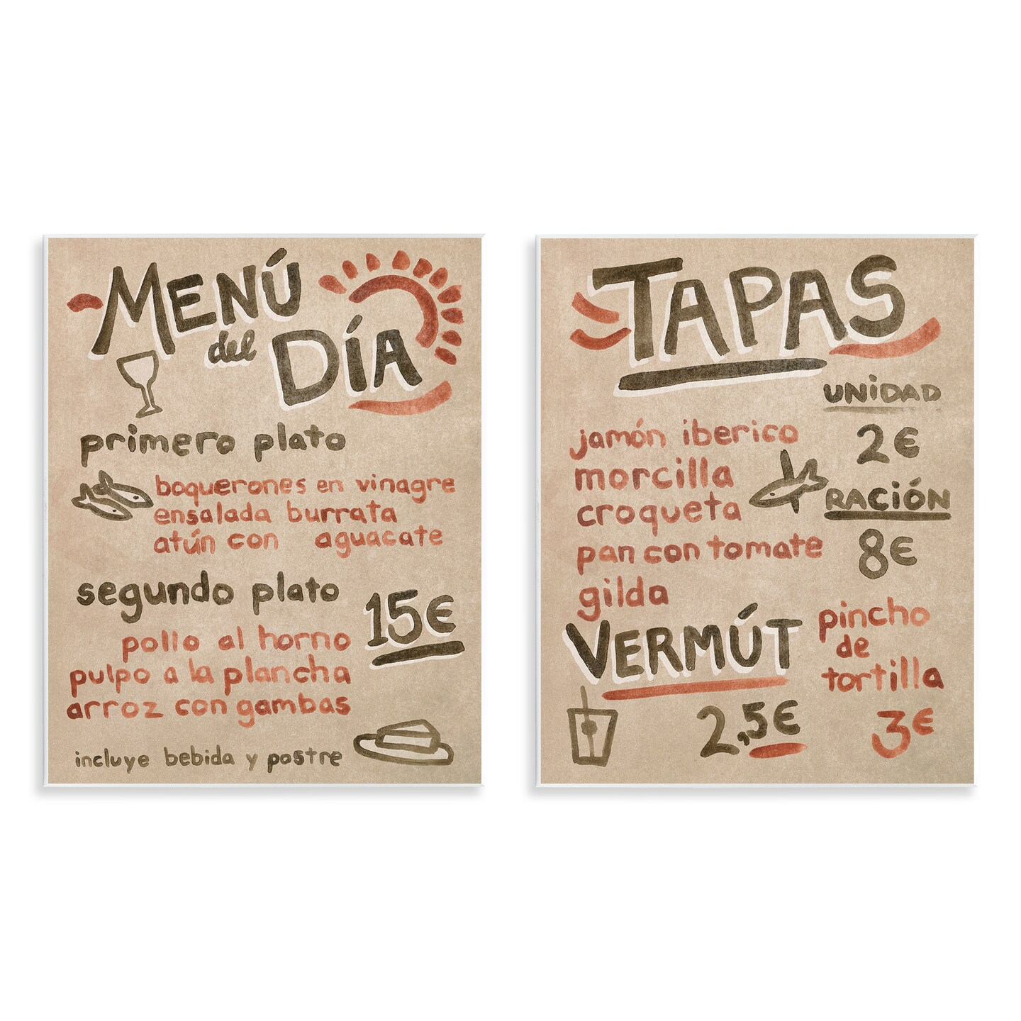 Stupell Industries Travel Tapas Menu 2pc Wall Plaque Art Set Design by June Erica Vess
