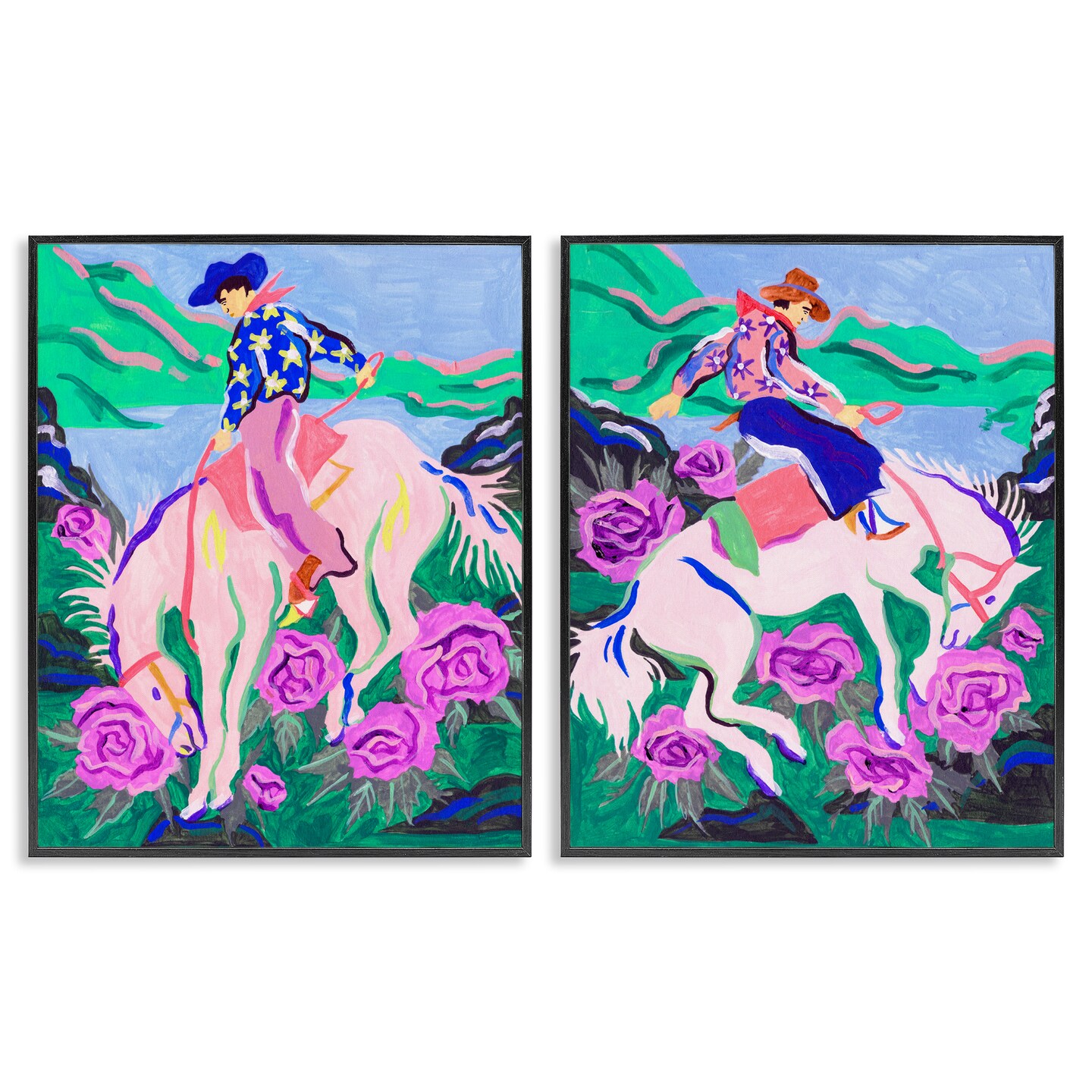 Stupell Industries Vivid Rearing Cowboys 2pc Framed Giclee Wall Art Set Design by Melissa Wang