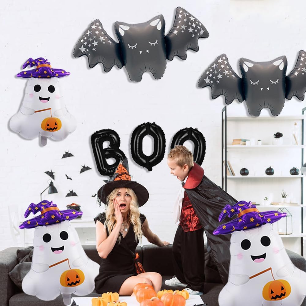 9 Pcs Bat Ghost Balloons BOO Foil Balloon Kit(Black White Purple)