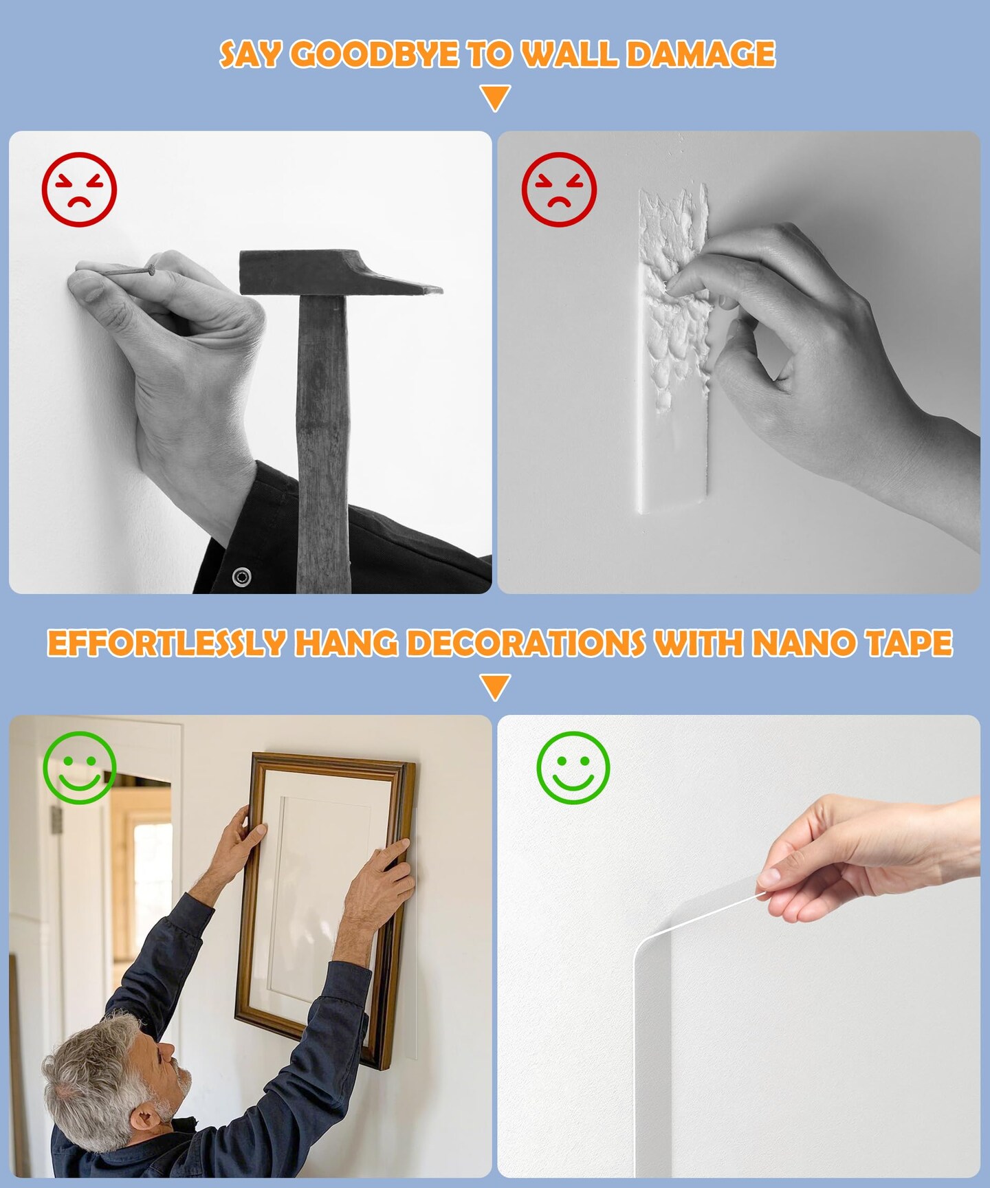 2 Rolls Double Sided Tape Heavy Duty - 240&#x22; x 1.0&#x22; &#x26; 0.5&#x22; - Removable Mounting Tape for Poster Picture Hanging Carpet Strip Rug Wall Outdoor - Clear &#x26; Strong Nano Tape Adhesive Multipurpose - 20 Feet