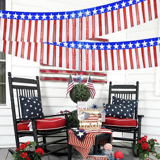 2 Strings Total 39.4 ft Patriotic Tinsel Garland – Each 19.7ft Red White and Blue Stars Fringe Garland for 4th of July, Memorial Day, Parade Float, and Party Decorations