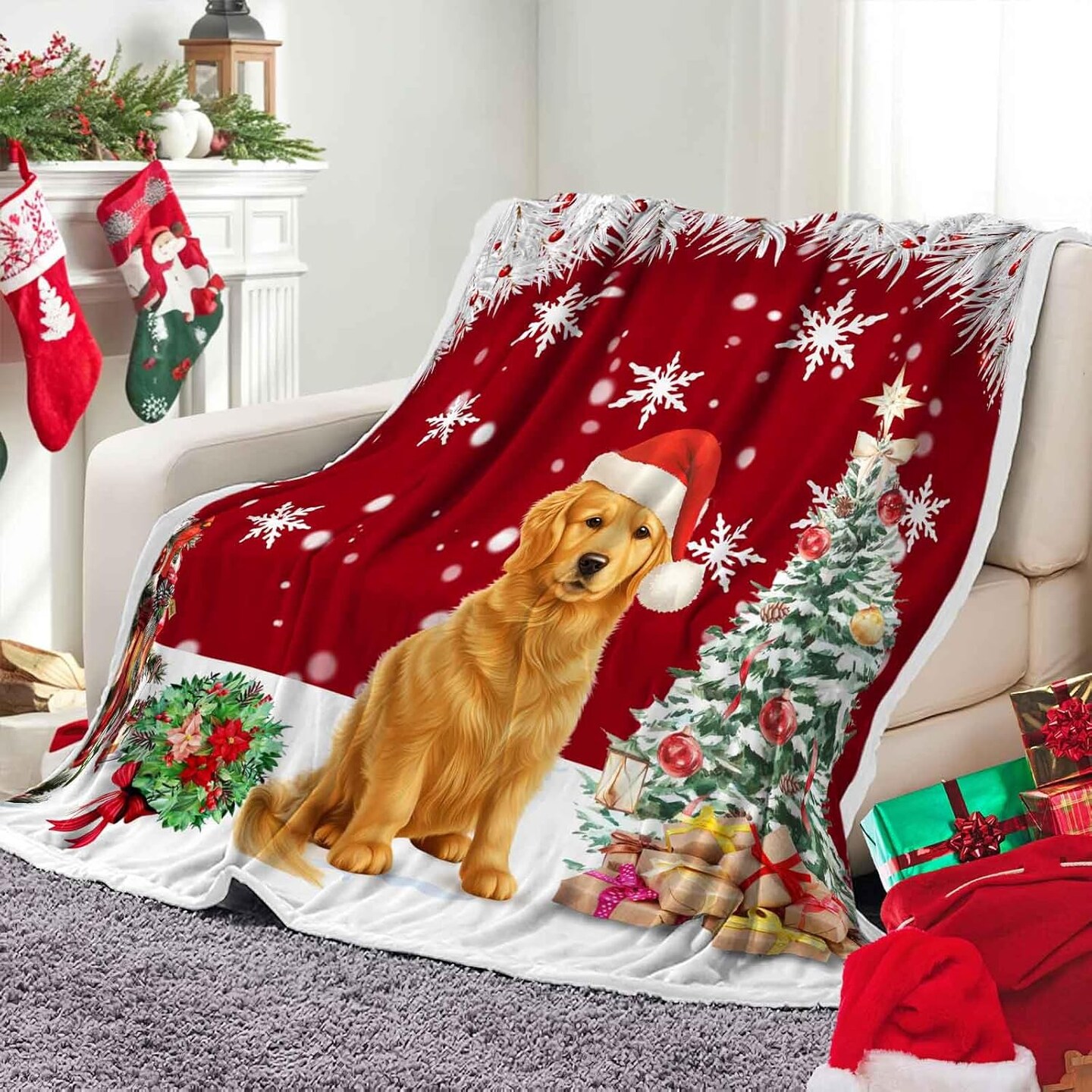 Christmas Throw Blanket Soft and Warm Throw Blankets for Couch Sofa Bed Winter Holiday Snowflakes Cute Dog Decorative Cozy Blanket Blanket 50"x60"
