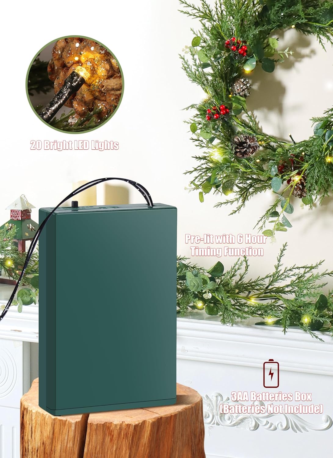 6 Feet 20 LED Battery Operated Christmas Lights with Pine Cones, Berry, Eucalyptus Leaves, Indoor Christmas Decorations for Stairs, Fireplace, Door