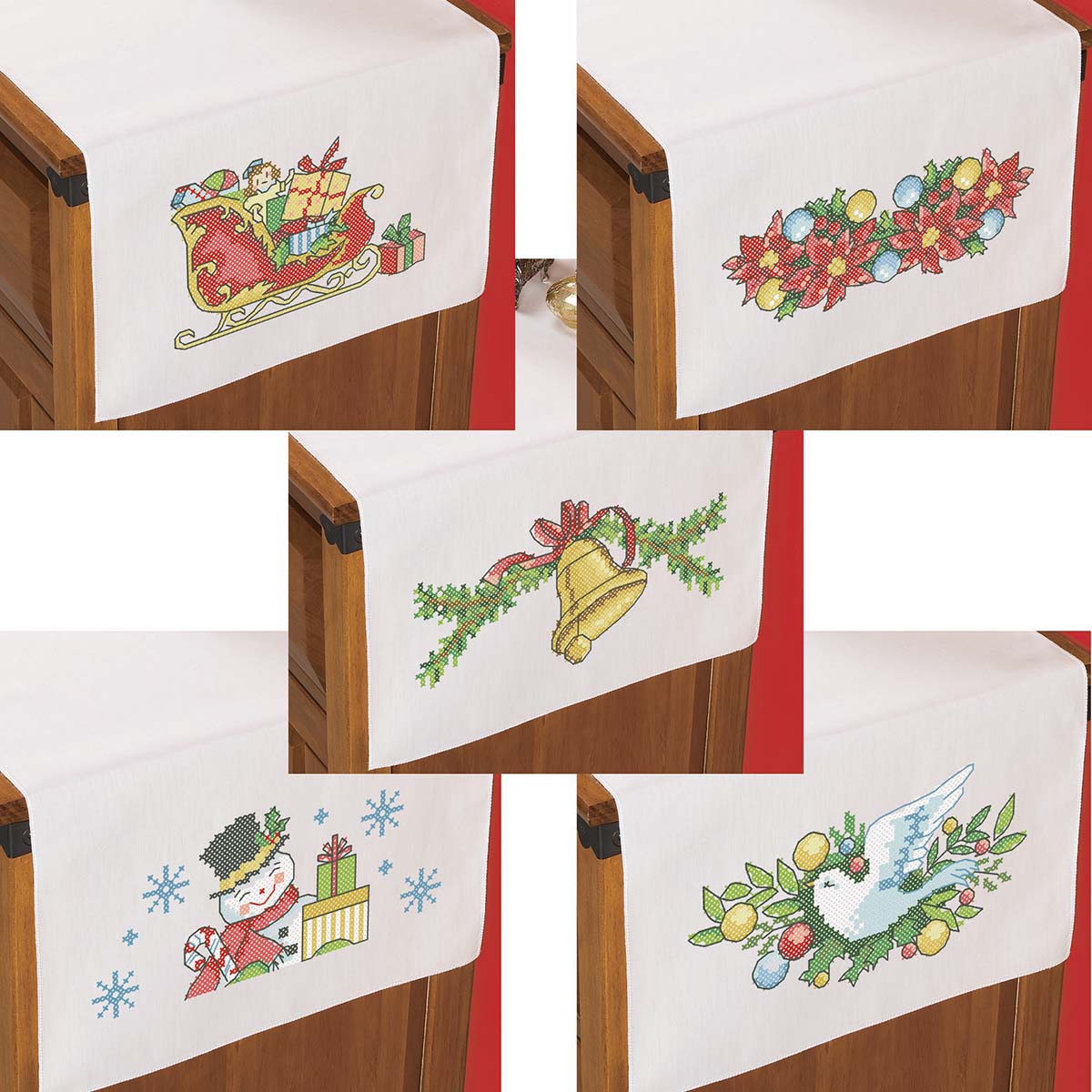 Herrschners  Christmas of Old Dresser Scarf Assortment Stamped Cross-Stitch
