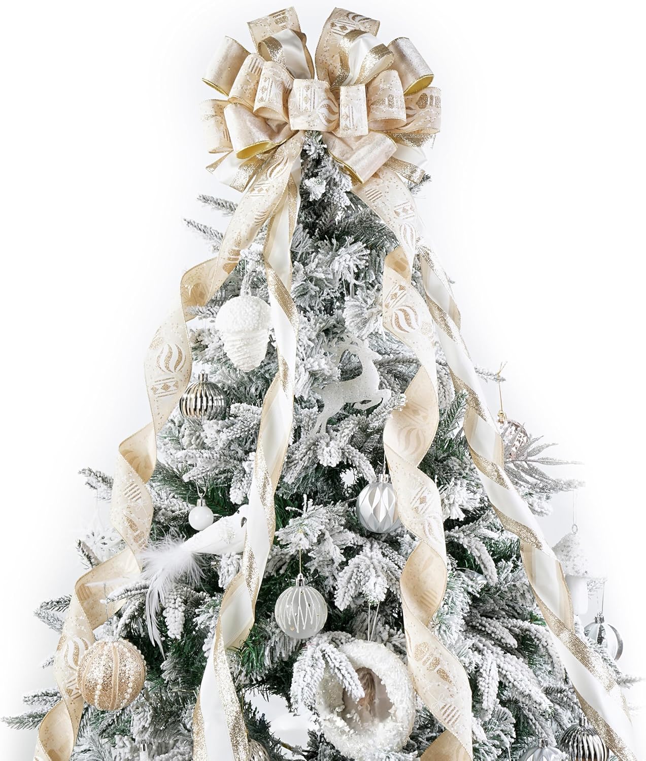 Ivory and Champagne Gold Christmas Tree Topper Bows 13 x 53 Inch Large Christmas Bows with Streamer and Bauble Patterns Decorative Bows for Xmas Tree Wreaths Door Staircase Home Decor