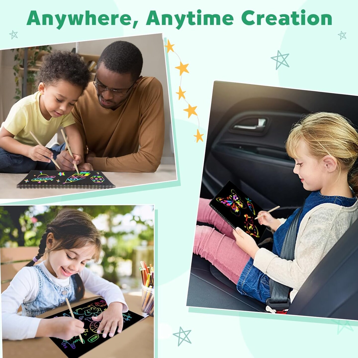 Scratch Paper Art Craft Christmas Gift: 2 Pack Rainbow Scratch Art Set for Kids Drawing Coloring Craft Black Magic Art Supplies Kits for Girls Boys Birthday Easter Christmas Craft Toys