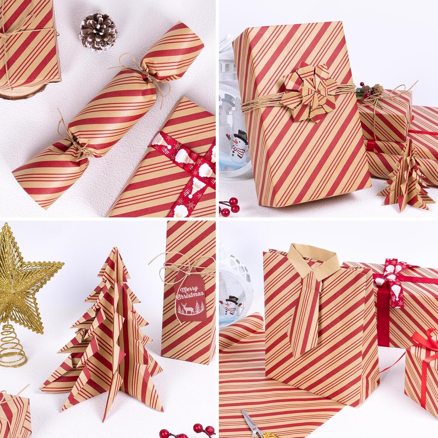 Christmas Wrapping Paper, Kraft Paper Roll with Classic Stripe Design 17inch x 33feet, Mini Red Wrapping Paper Roll Vintage Gift Wrap Paper for New Year Holiday, Birthday, Craft &#x26; Art