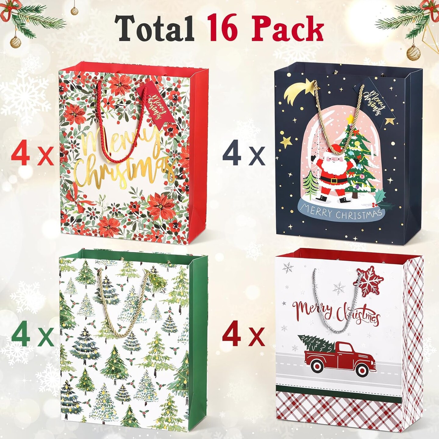 16 Pack Large Christmas Paper Bag for Gift Wrap 10x5x13 inch, 4 Styles Gift Bags Bulk with Handles as Goodies Bags, Party Bags, Favor Bags(Xmas Mix Pattern, 10x5x13 inch)