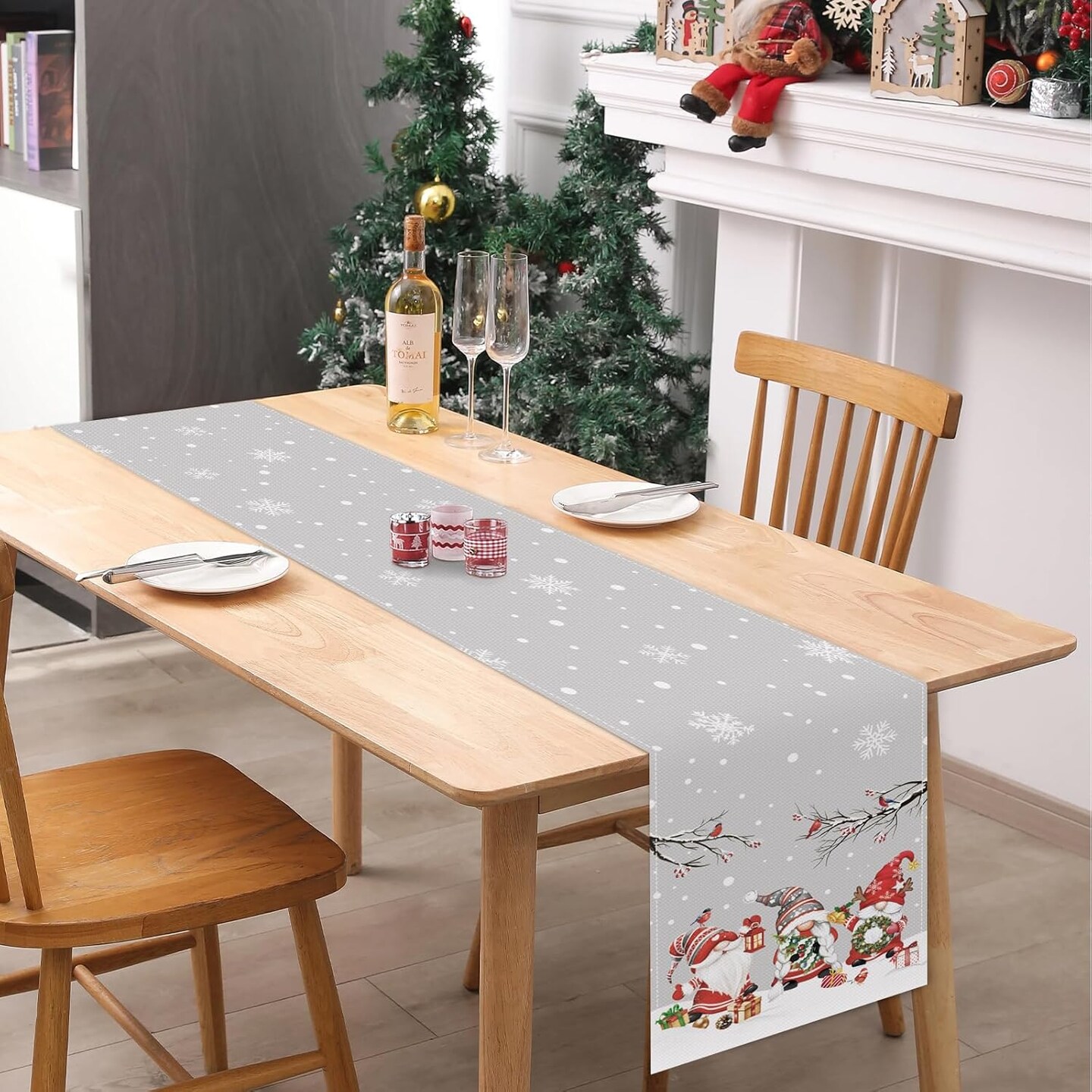 Grey Christmas Gnome Table Runner, Seasonal Winter Snowflake Xmas Holiday Table Runner for Party Kitchen Home Decor, 13x72 Inch Gnomes Christmas Home Decorations Table Runner