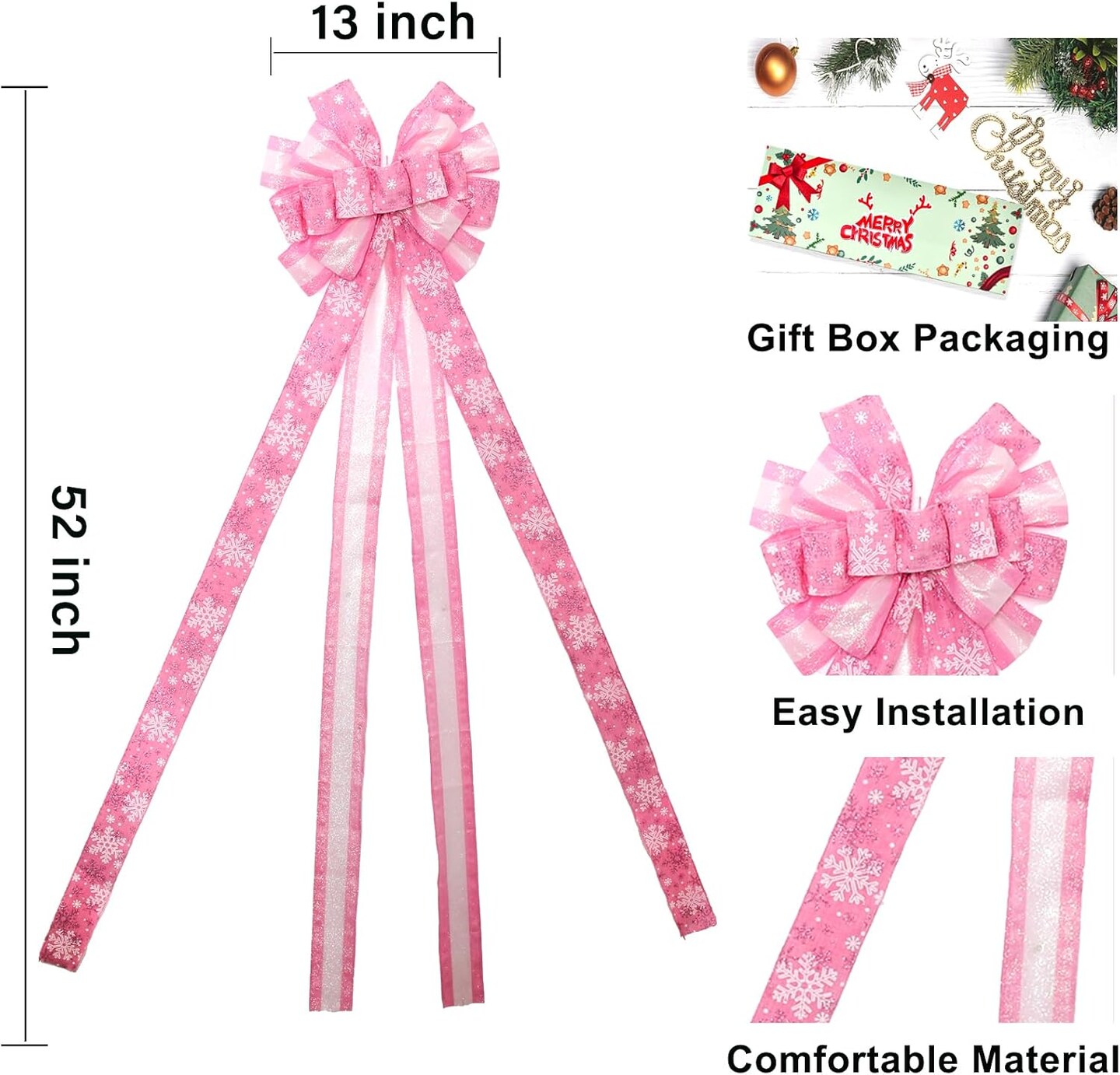 Christmas Tree Topper Christmas Wreath Bow, 52 * 13 inches Large Tree Toppers Bow with Snowflake Patterned for Xmas Tree Décor Christmas Home Indoor Outdoor Decoration Pink