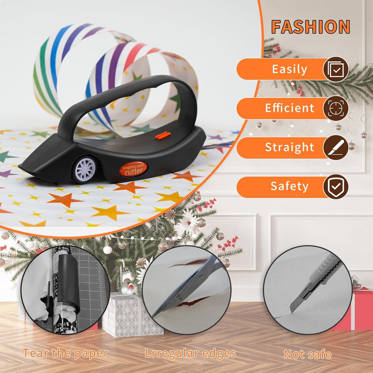 Pack Wrapping Paper Cutter with 3 Replaceable Blades | New Gift Wrap Cutter with Wheels | Birthday and Christmas Wrapping Paper Cutter Slider for Home, Office or Classroom (Black &#x26; Green)