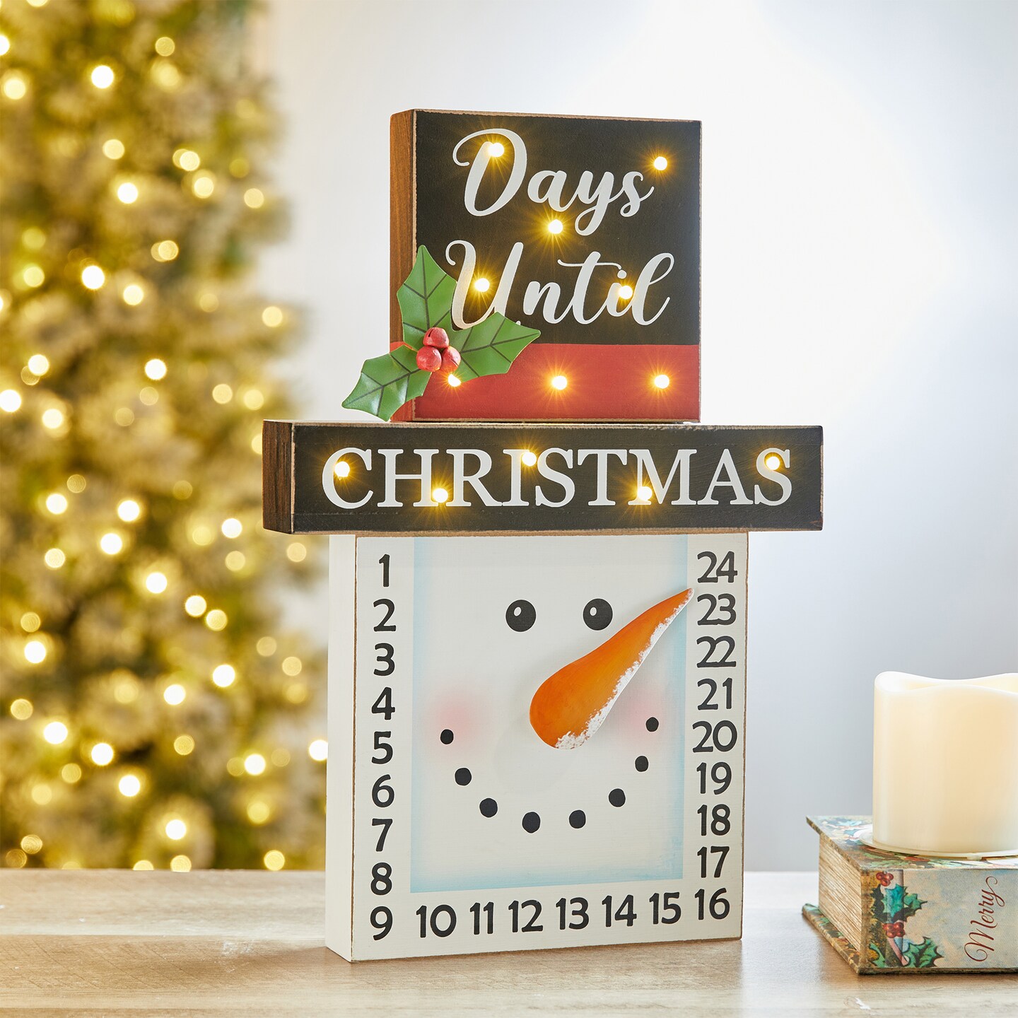 Set of 2 15&#x22;H Lighted Wooden Christmas Snowman Advent Calendar D&#xE9;cor