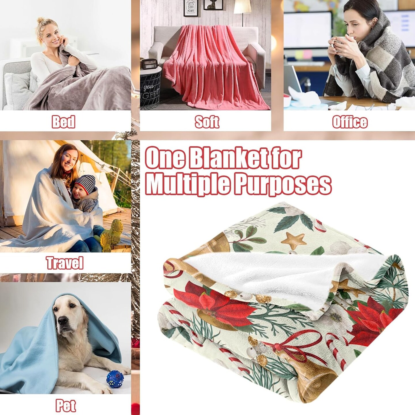 Christmas Throw Blanket, Luxury Soft Xmas Bell Flannel Blanket with Poinsettia Flower Candy Cane Star Pattern, Cozy Fluffy Red Green Gold Christmas Plush Fleece Blanket for Couch Winter