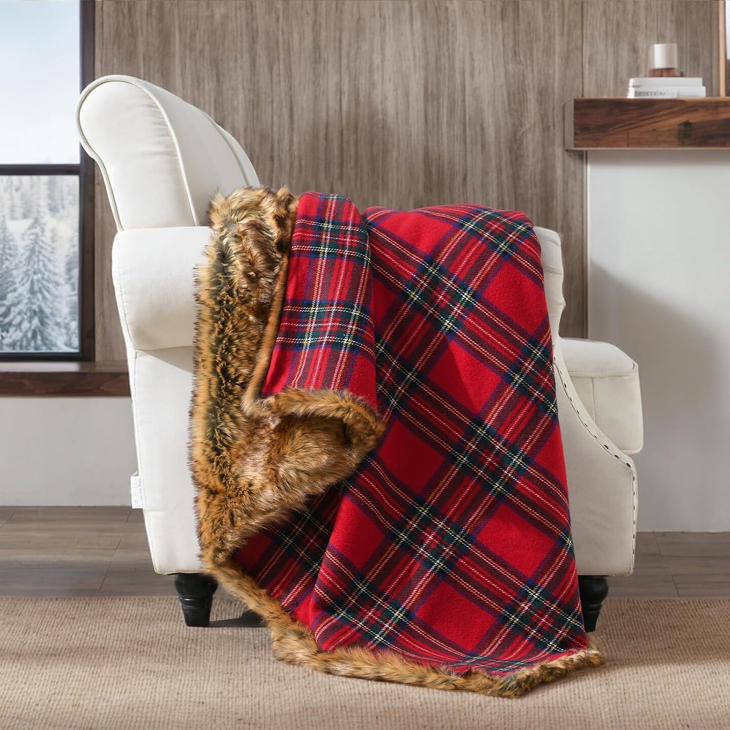 Luxury Plush Faux Fur Throw Blanket with Red Plaid Pattern, Super Warm, Fuzzy, Elegant, Fluffy Decoration Christmas Holiday Blanket for Couch, Armchair, Sofa and Bed, 50''x 60''