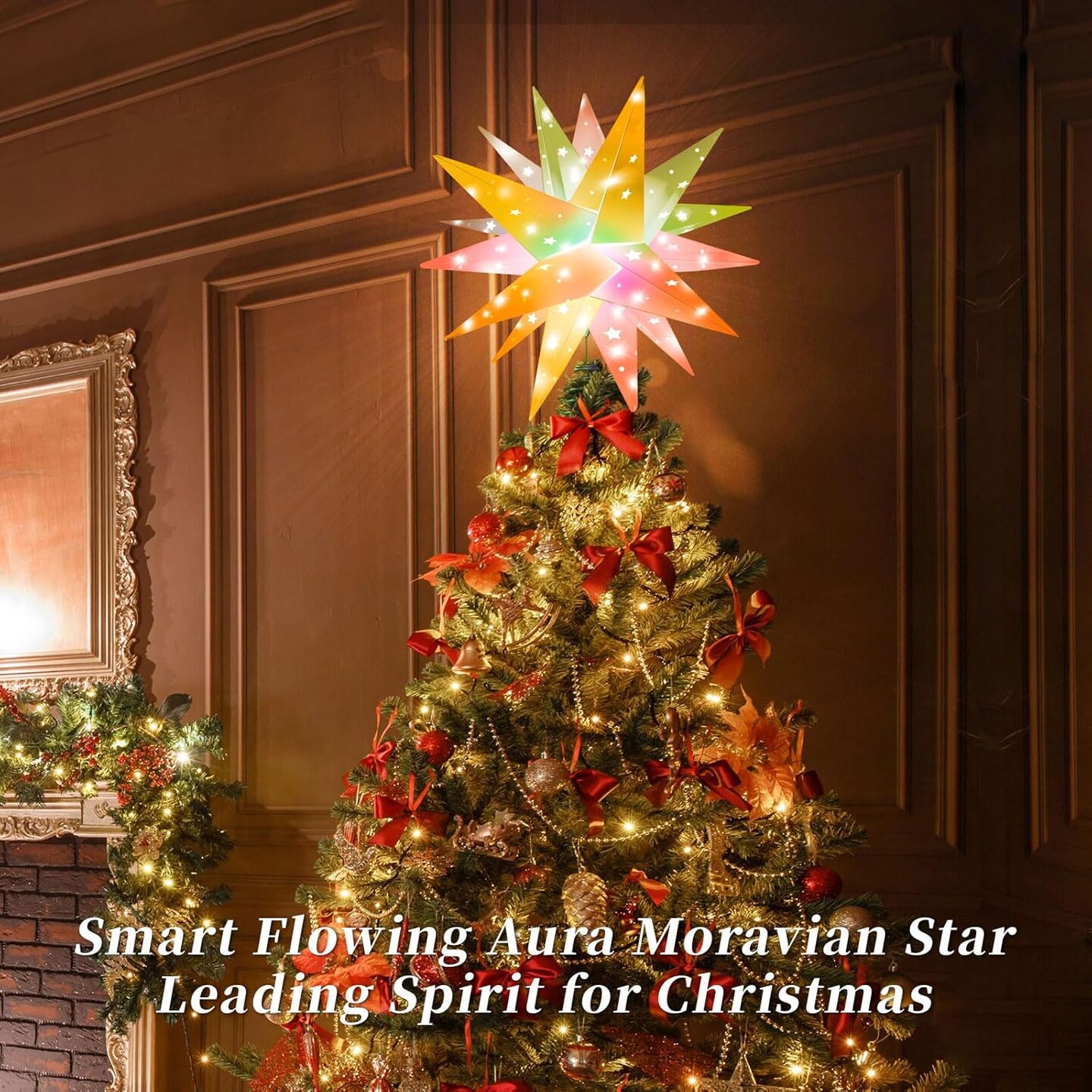 Smart 13&#x22; Moravian Star Tree Topper Lighted - 54 LED 3D Foldable Christmas Star Tree Topper with Lights, App Control Music Sync Top LED Tree Top with Remote Indoor Outdoor Decoration (Hollow Stars)