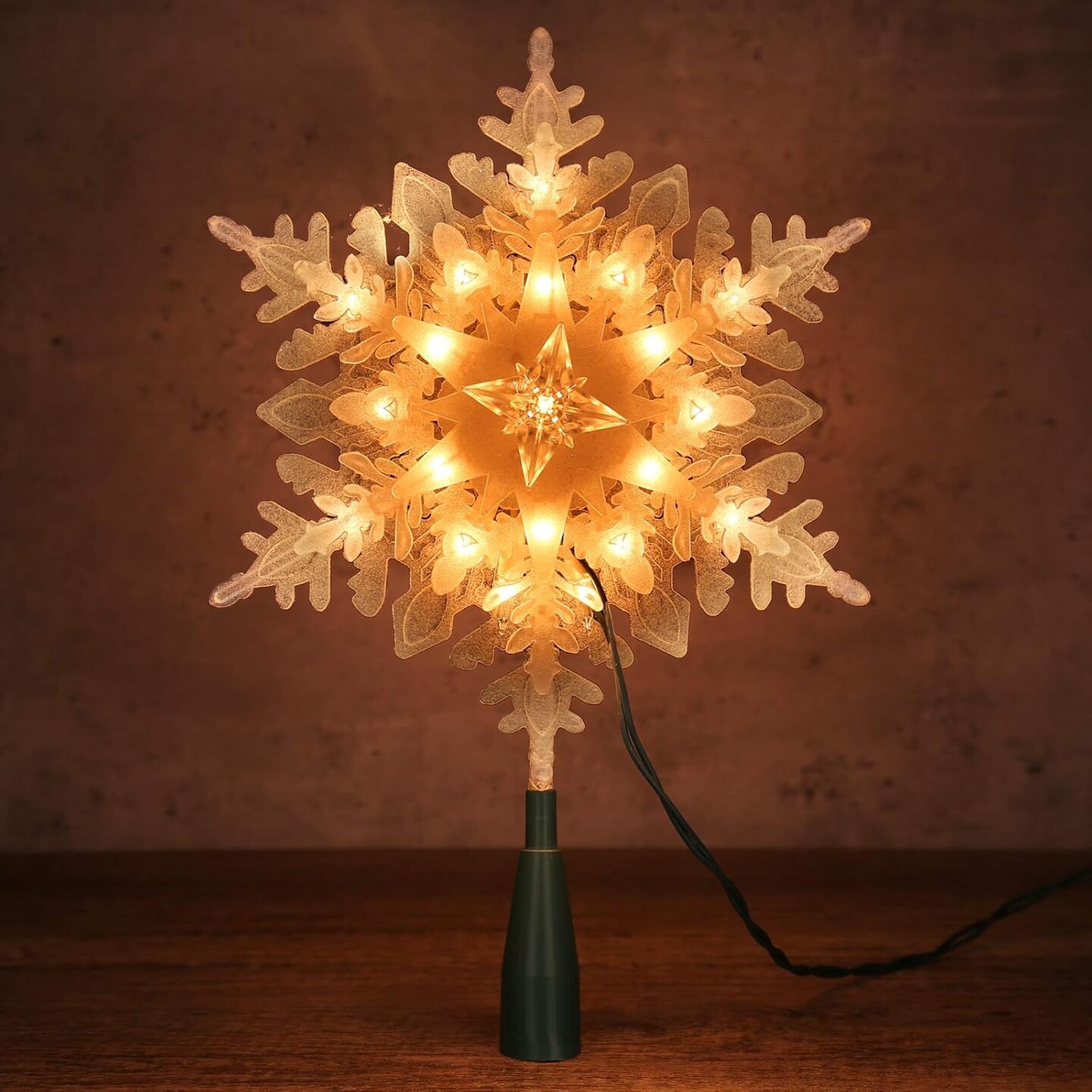 Christmas Snowflake Tree Topper, 9.25in Lighted Christmas Treetop with 20 Warm White Lights, 120V UL Certified Plug in Christmas Tree Top Star for Xmas Tree Indoor Party Home Office Decoration