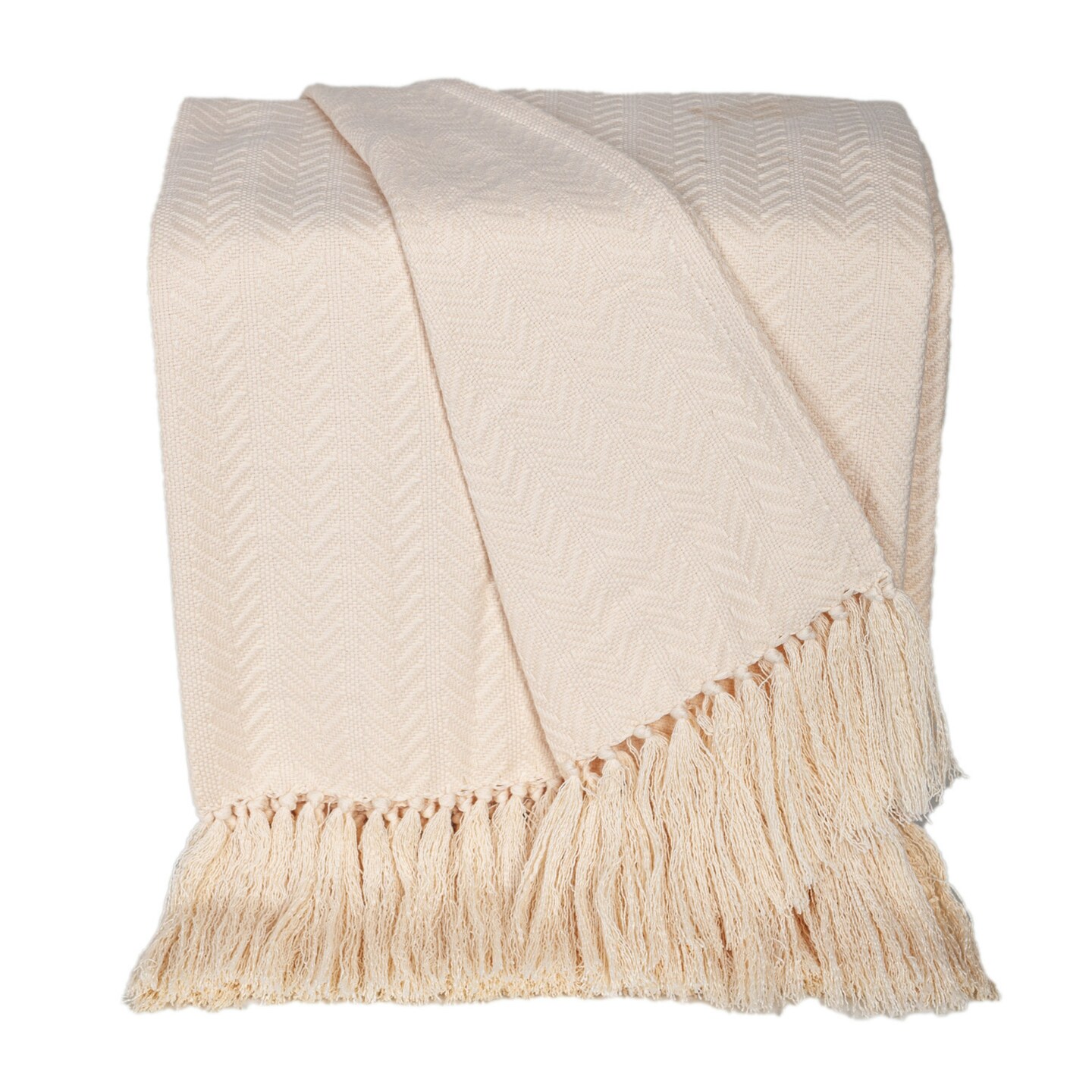 Nassau Collection Herringbone Cotton Throw Blanket with Tassels - 50&#x22; x 60&#x22; - Cream