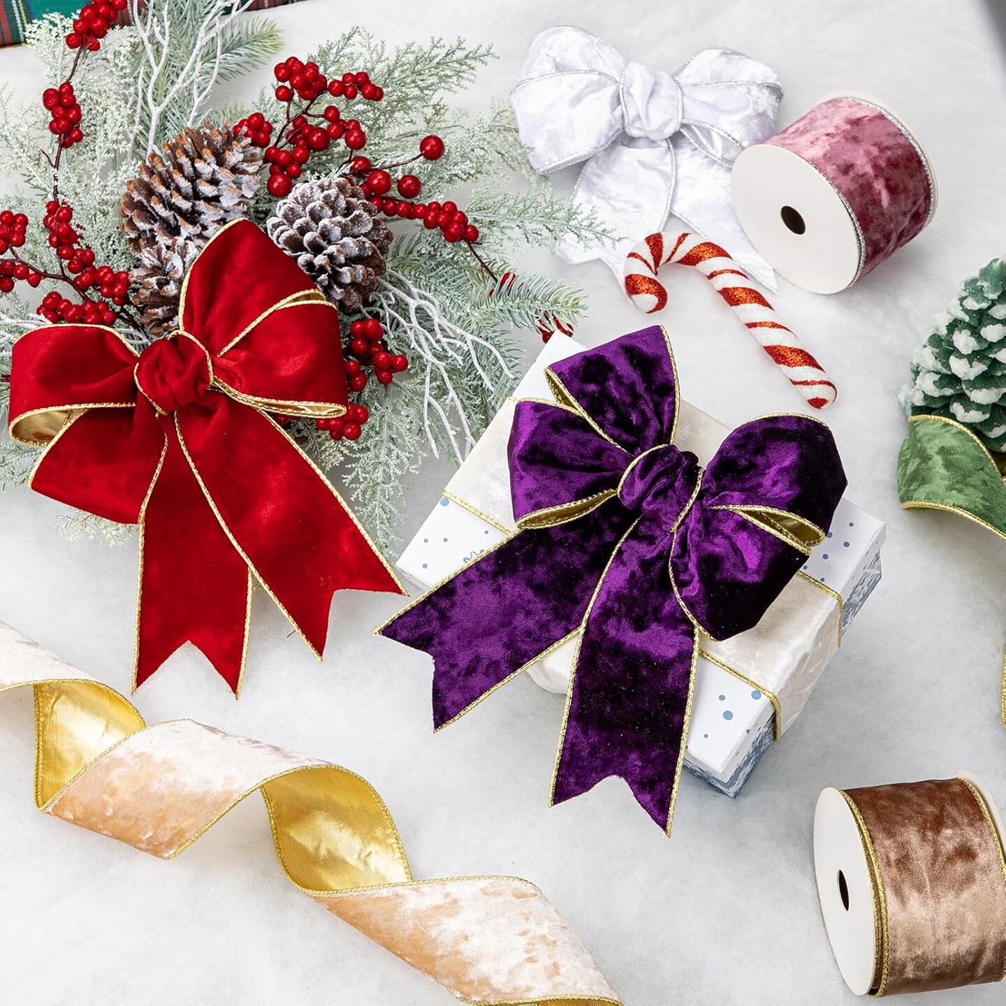 White and Gold Velvet Christmas Ribbon 2.5 Inch Christmas Tree Ribbon with Metallic Wired Edge Velvet Ribbon for Gift Wrapping Wreaths Garland Big Bow Crafts Supplies(2 Rolls, 20 Yards)