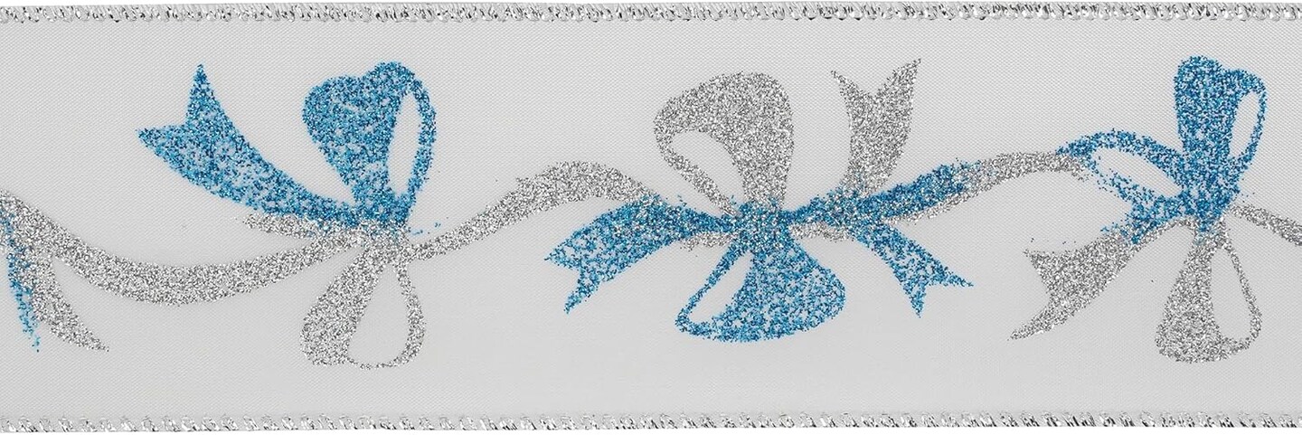 Blue and Silver Christmas Ribbon 2.5 Inch White Satin Ribbon with Turqupise and Silver Glittery Bows Pattern 25 Yards Blue and Silver Christmas Wired Ribbon for Tree, Garlands, Topper Bow