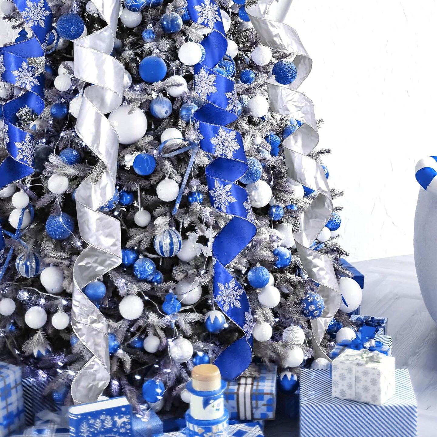 Silver Grid Christmas Tree Topper Bow 11 inch with 4 Ribbon Tails 3 Yards Christmas Decoration Perfect for Weddings Parties