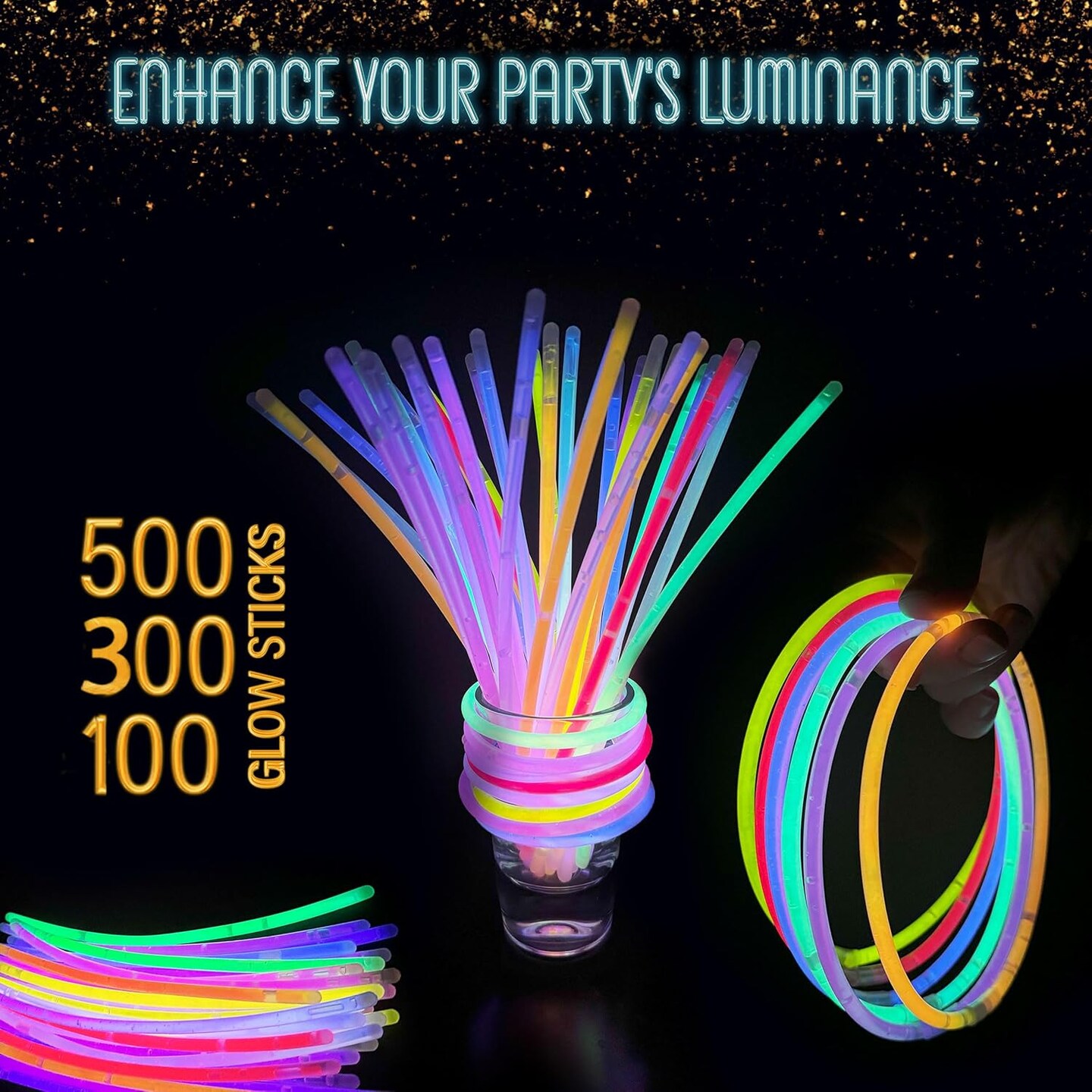100 Pcs Glow Sticks Bulk Party Pack – 8” Glow in the Dark Party Supplies & Party Favors Pack for Glow Bracelets & Glow Necklaces – 100 Connectors for Christmas, Concerts & Birthdays