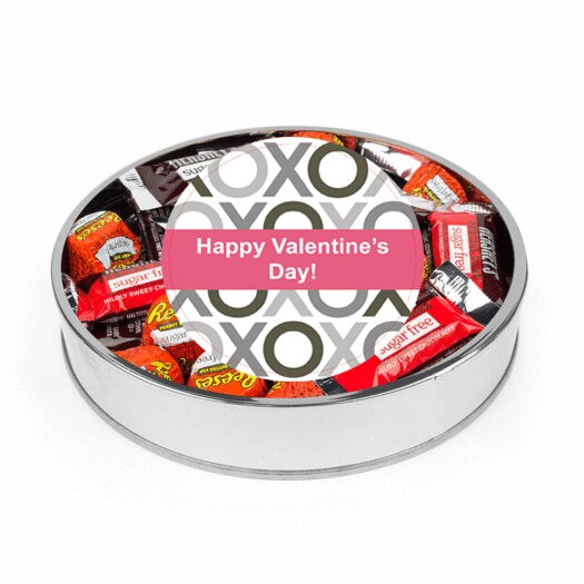 Valentine's Day Sugar Free Candy Gift Tin Large Plastic Tin with Sticker and Hershey's Chocolate & Reese's Mix - xoxo