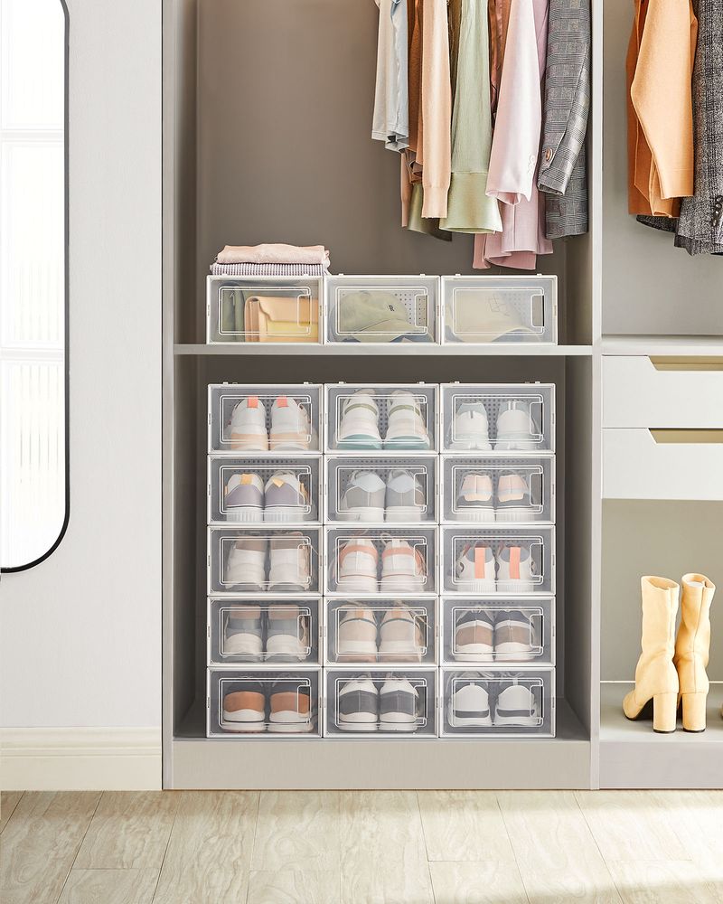 Transparent-White Stackable Shoe Storage Boxes, Clear Front Door Design, Ventilated Organizer Bins, Space-Saving Closet