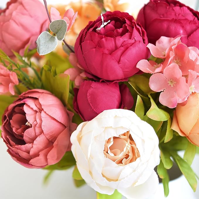 Artificial Peony Bouquets, 2 Silk Flower Bundles in Peach, Coral, Cream & Burgundy with Hydrangeas for Wedding Centerpieces & Home Decor (Country Delightful)
