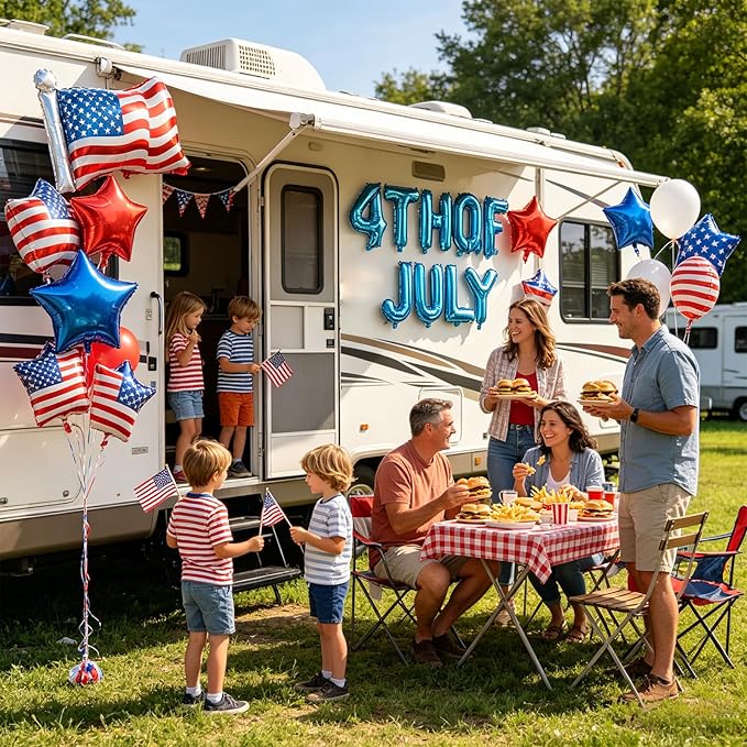 4th of July Foil Balloons Banner Set, Red White Blue Star American Flag Decorations, 14-Pack Independence Day Supplies for Backyard BBQ & Community Celebration