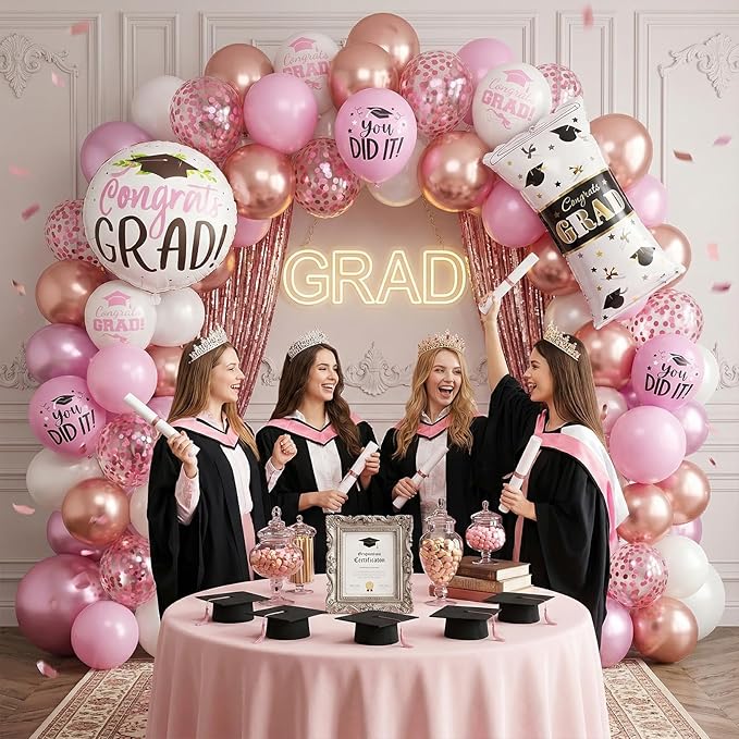 Pink Graduation Balloons, Grad Round Foil Balloons, Metallic Confetti Pink White Balloon for Congrats Graduation Party Decorations Backdrop