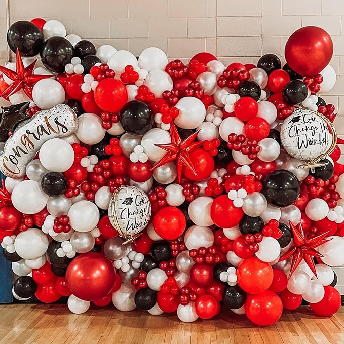 139Pcs Red and Black Balloon Arch Garland Kit for Graduation Party Decorations,Red Black White Silver Confetti Explosion Star Balloons for Class of 2026 Congrats Grad Celebrations Birthday Supplies