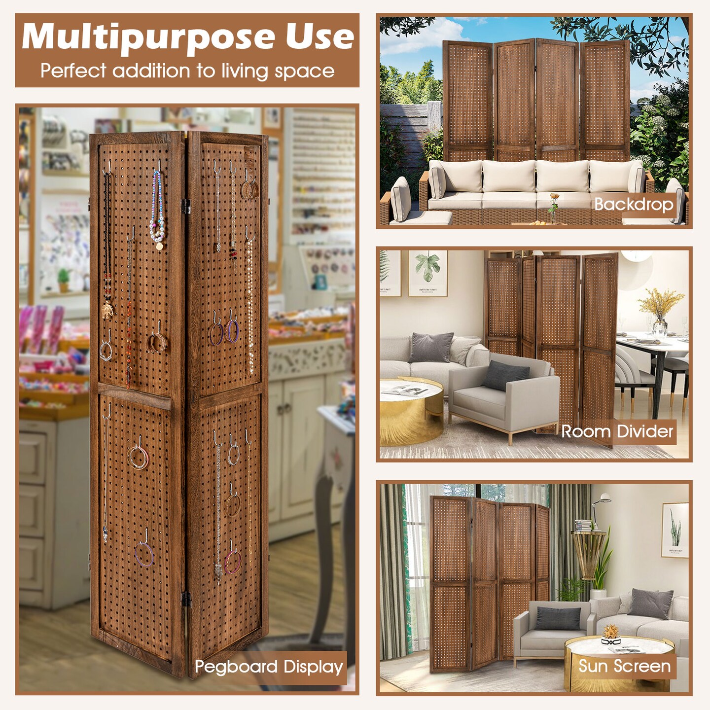 Brown Paulownia Wood Pegboard Room Divider 4-Panel Adjustable Display Stand