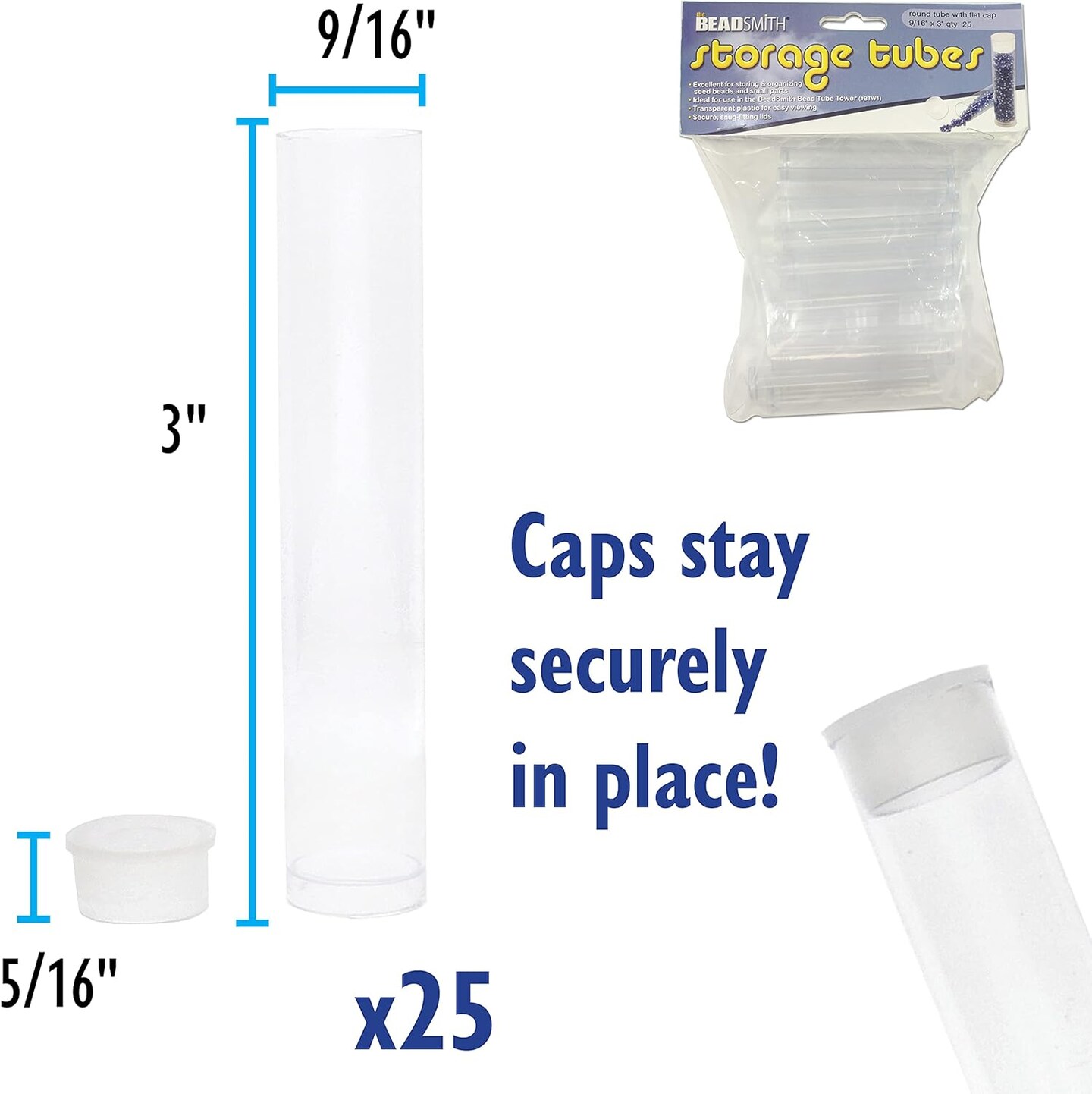 The Beadsmith Clear Plastic Tubes - 3-Inch-Long Round Tubes, 9/16 Inches in Diameter - Flat Caps - Use for Beads, Bath Salts, Wedding &#x26; Party Favors, Home or Office Storage - Bag of 25