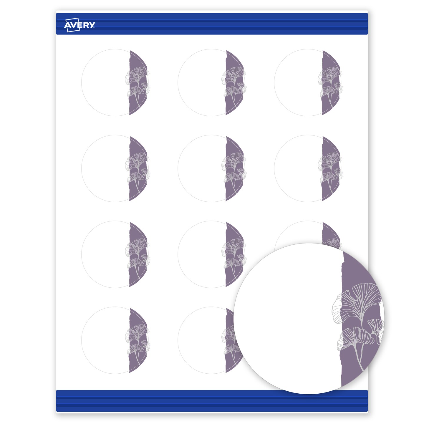Avery Printable Round Business Cards with Sure Feed Technology, Pre-Printed Purple and Silver Gingko Leaves Design, Matte White, 2" Diameter, Laser & Inkjet Compatible, 120 Total