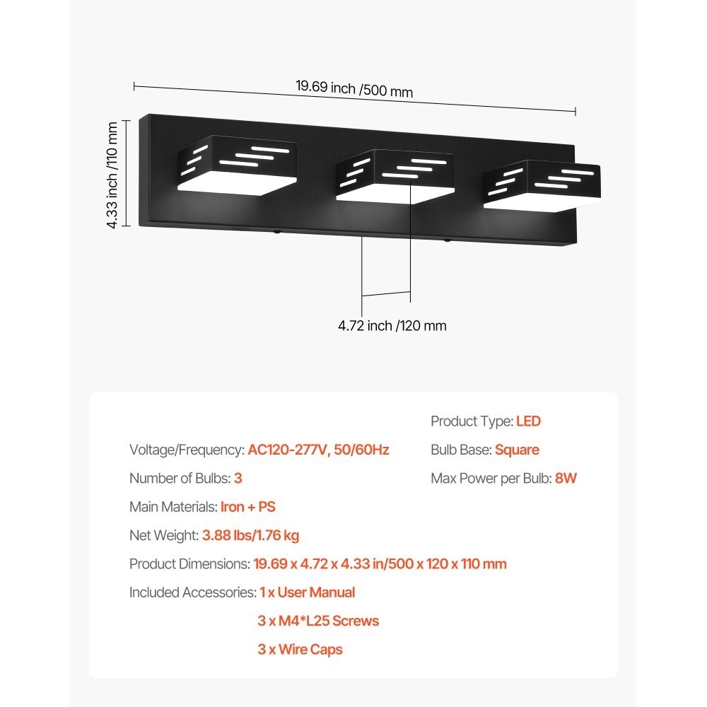 LED Vanity Light, Black Bathroom Wall Light Over Mirror, IP44, Cool White