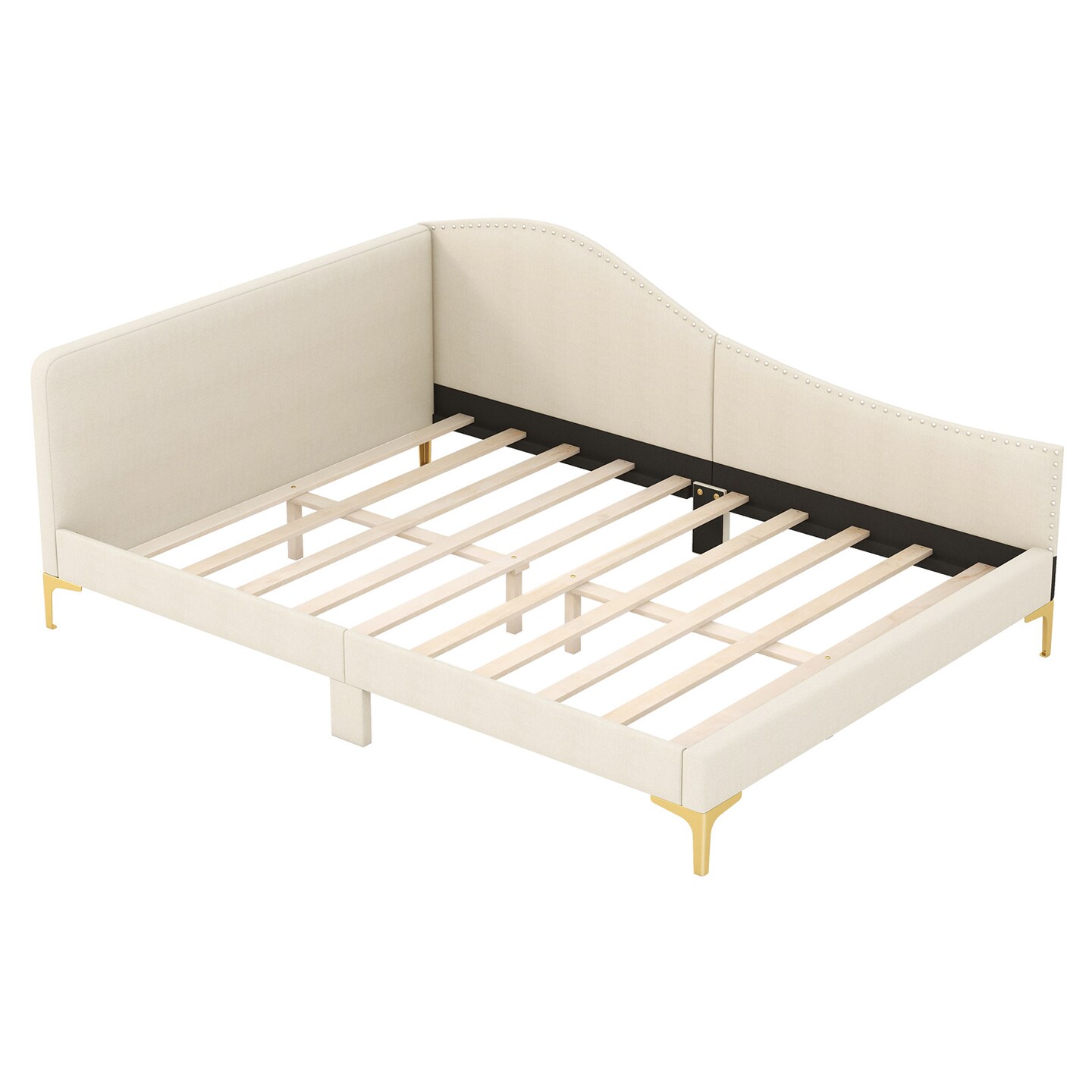 Beige Solid Wood Linen Fabric Daybed with Rivet Tufted Design