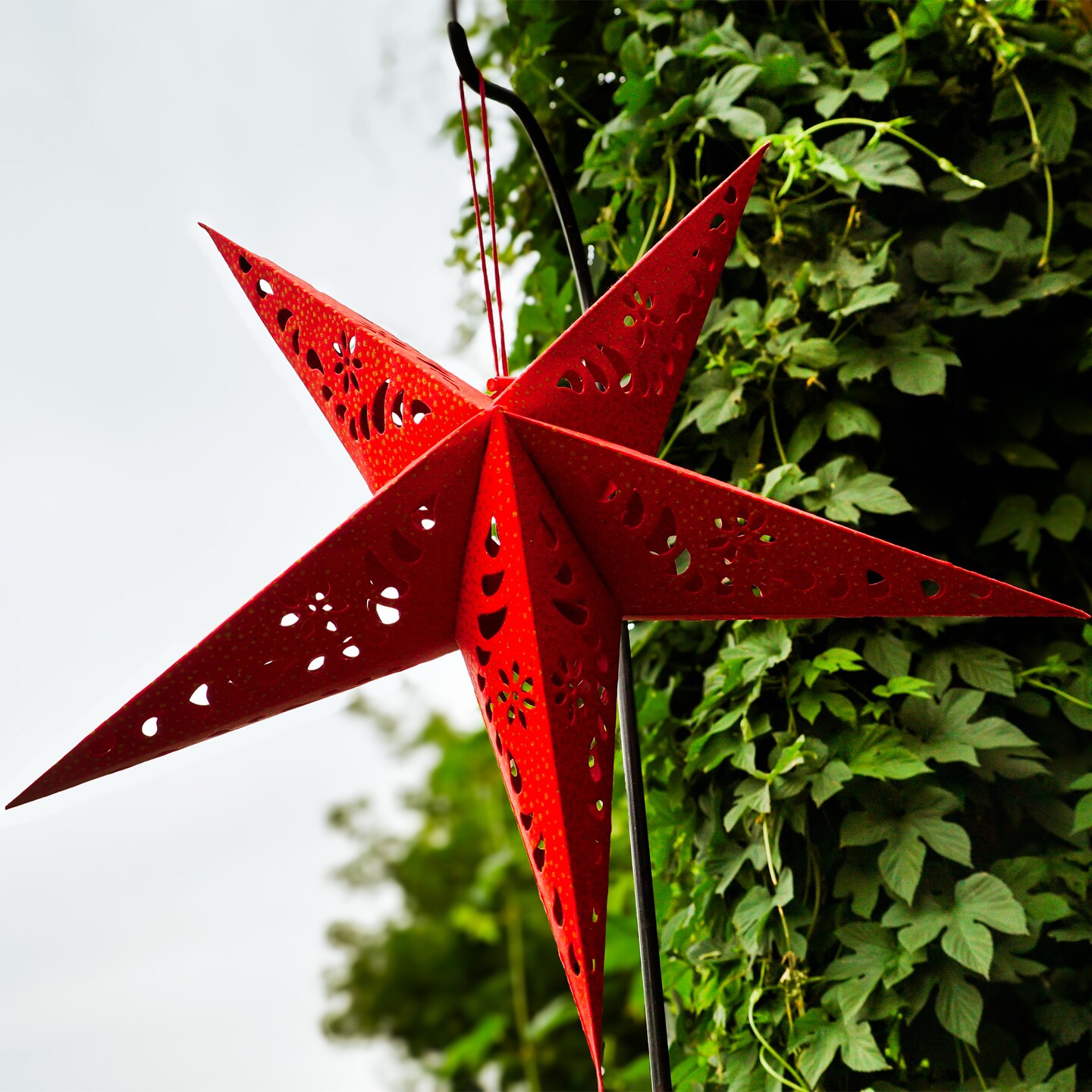In the Breeze 9176 &#x2014; Red Paper Star Lantern &#x2014; Hanging Party and Home D&#xE9;cor with Painted Gold Accents &#x2014; Handmade, Dyed Paper
