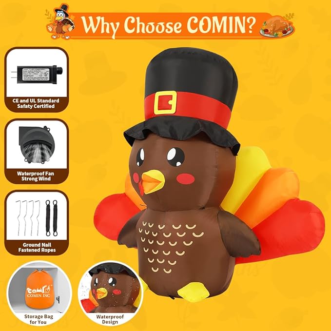 GOOSH 5 FT Tall Thanksgiving Inflatables Turkey Baby in Hat with Built-in LEDs