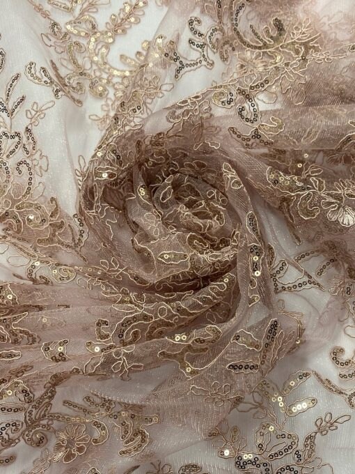 1 Yard Mauve Corded Sequin Lace Mesh Fabric with Double Scalloped Edge 54&#x201D; Wide