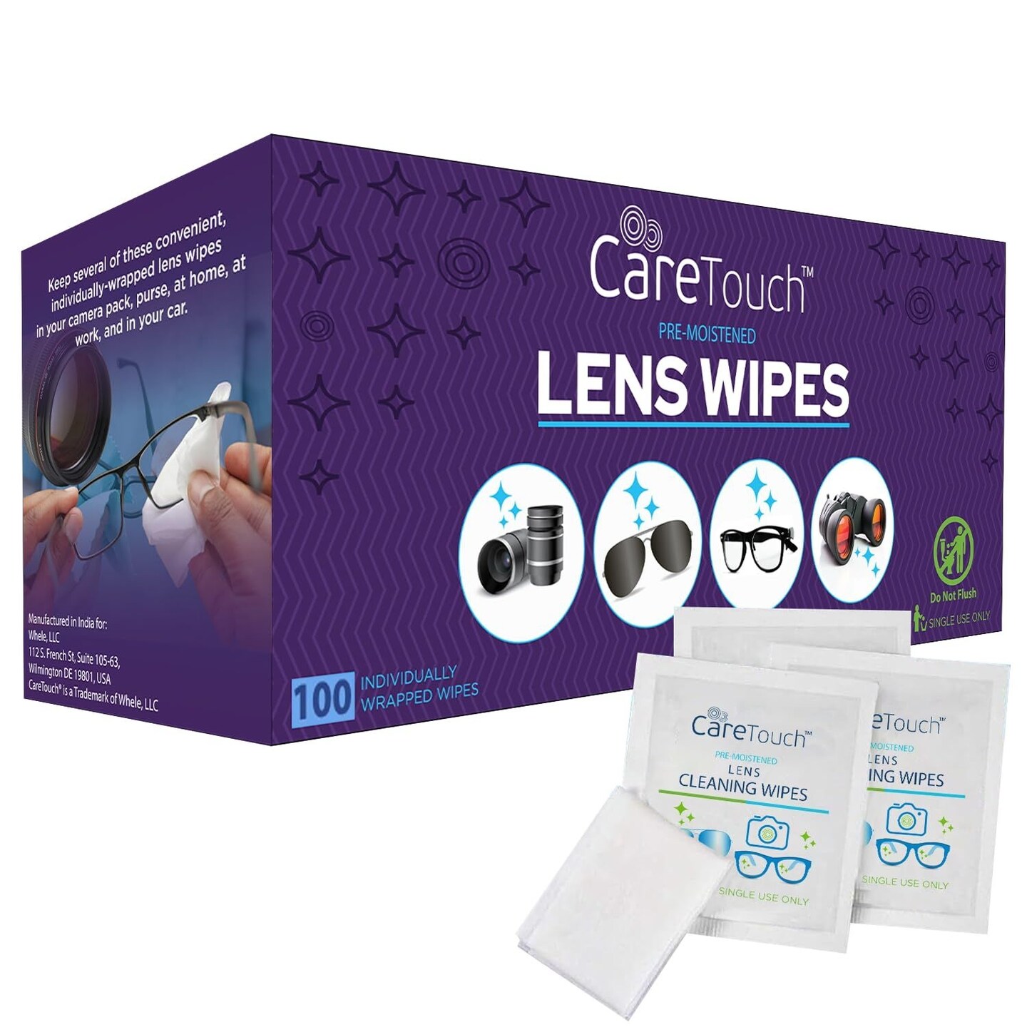 Lens Wipes for Eyeglasses, 100 ct Individually Wrapped Pre Moistened, 5 x 6"