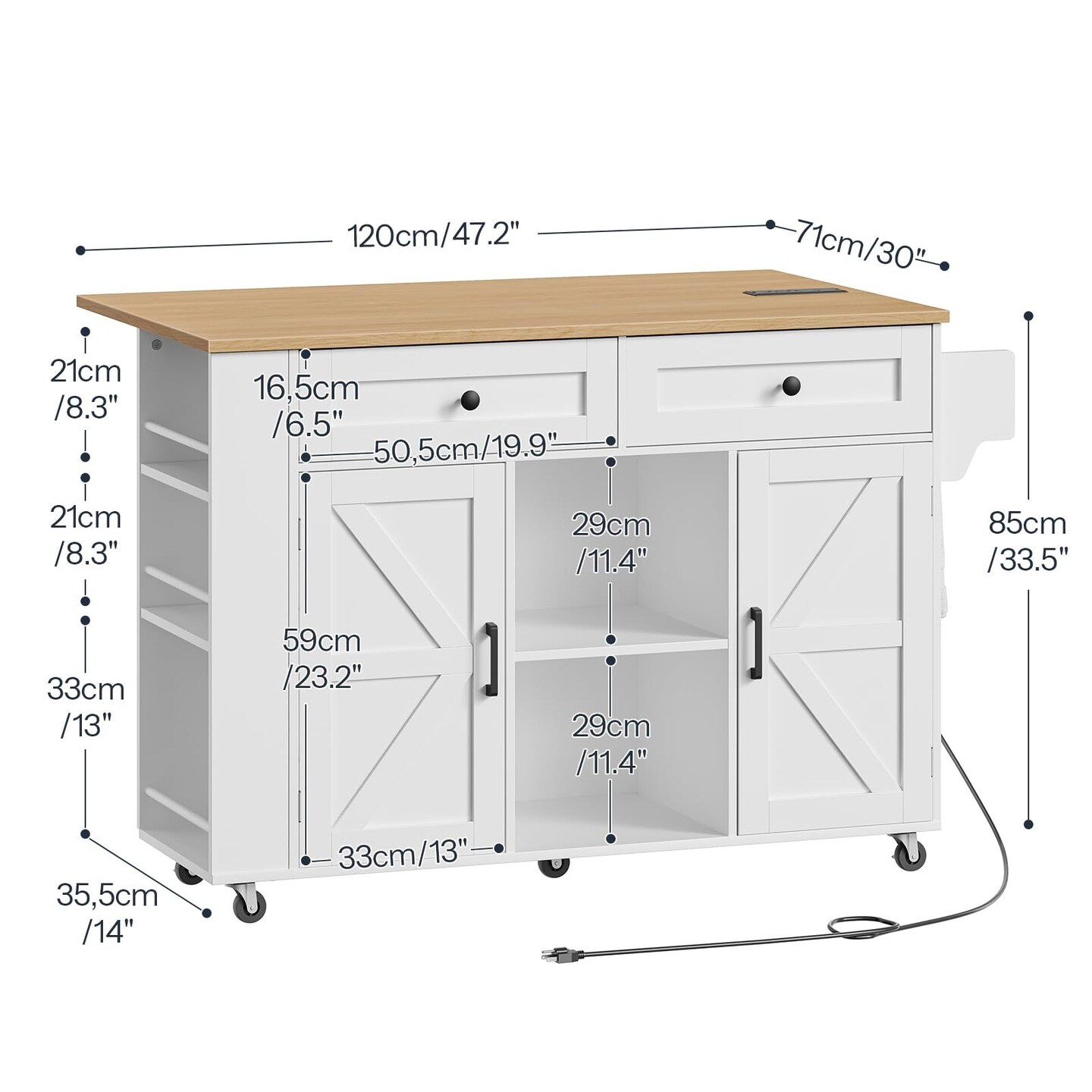 Rolling Kitchen Island with Drop Leaf Table, USB Outlet, Storage