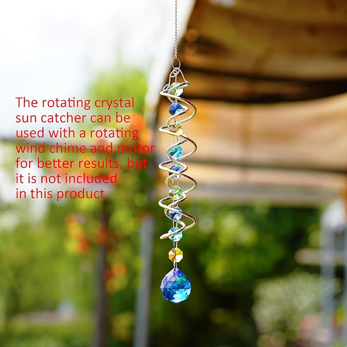 20.5inch Gazing Ball Spiral Tail,Decorative Wind Spinner Sun Catcher,Rainbow Maker Double-Spiral W/Sea Blue Crystal Ball and Chain,Glass Crystals for Indoor Outdoor Decoration