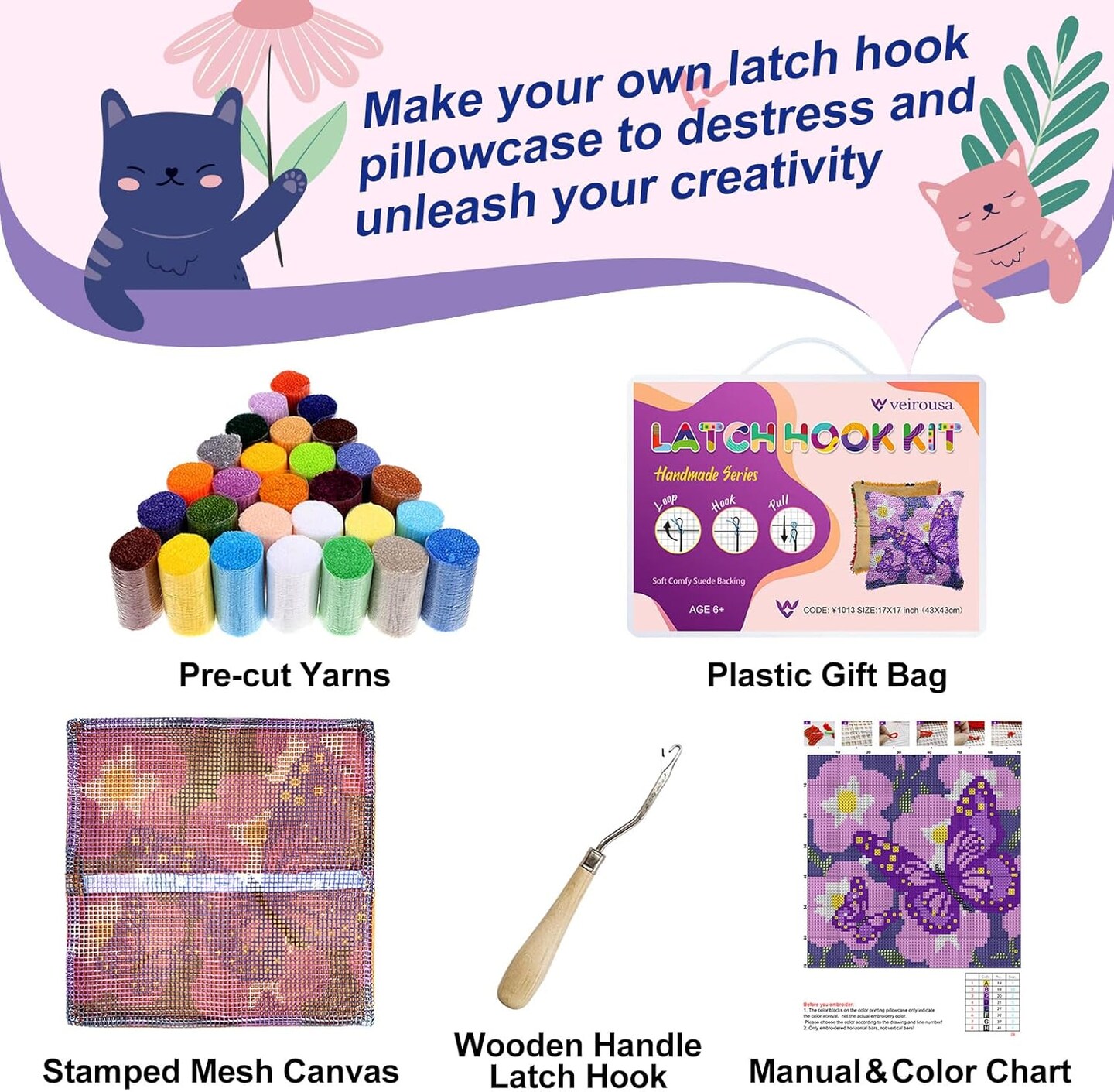 Butterfly & Floral Latch Hook Pillow Kit – DIY Crochet Cushion Kit for Adults & Beginners with Pre-Printed Canvas, Yarn, Hook & Velvet Pillow Insert, 17x17 in – Home & Sofa Decor